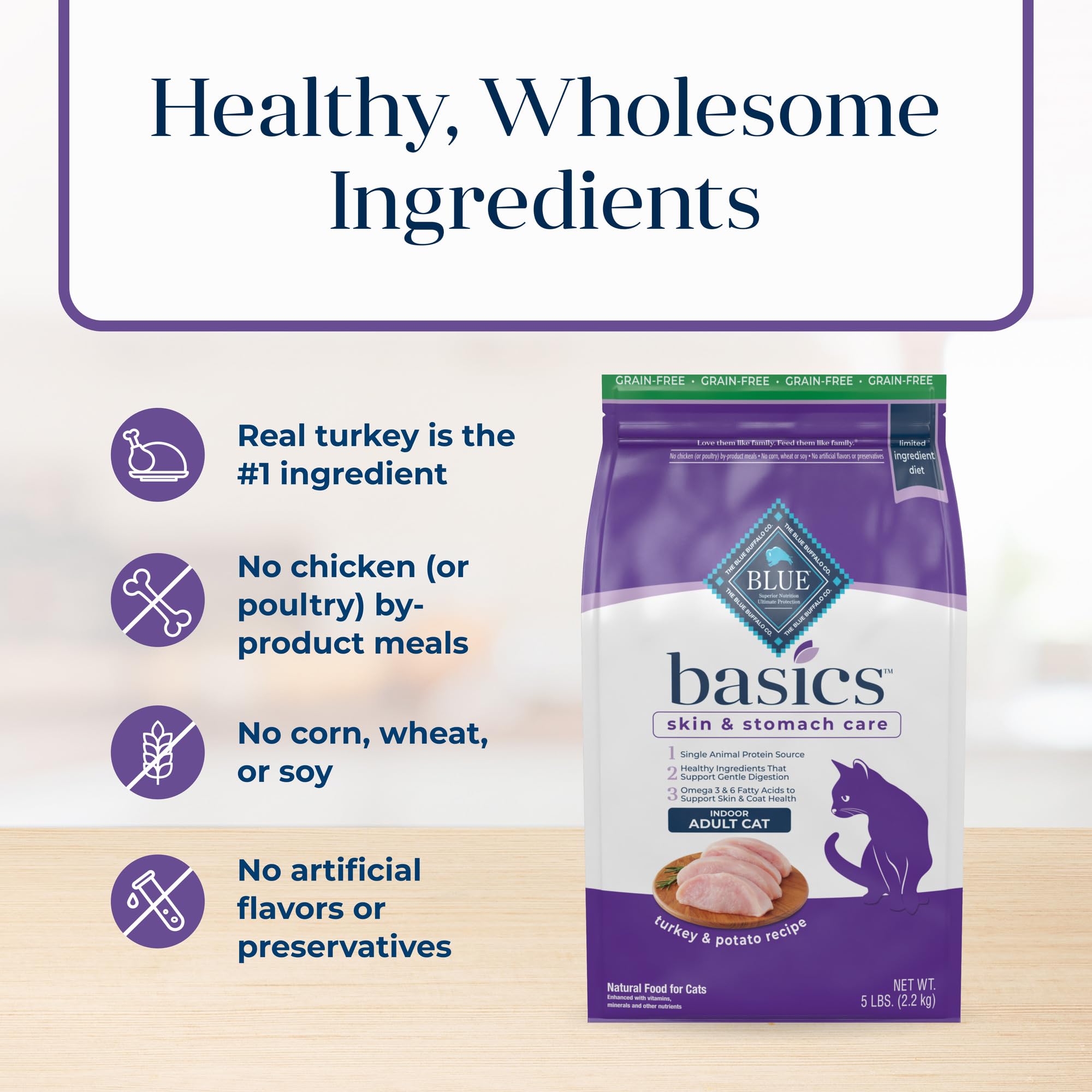 Blue Buffalo Basics incorpora antioxidantes para apoyar la salud general.