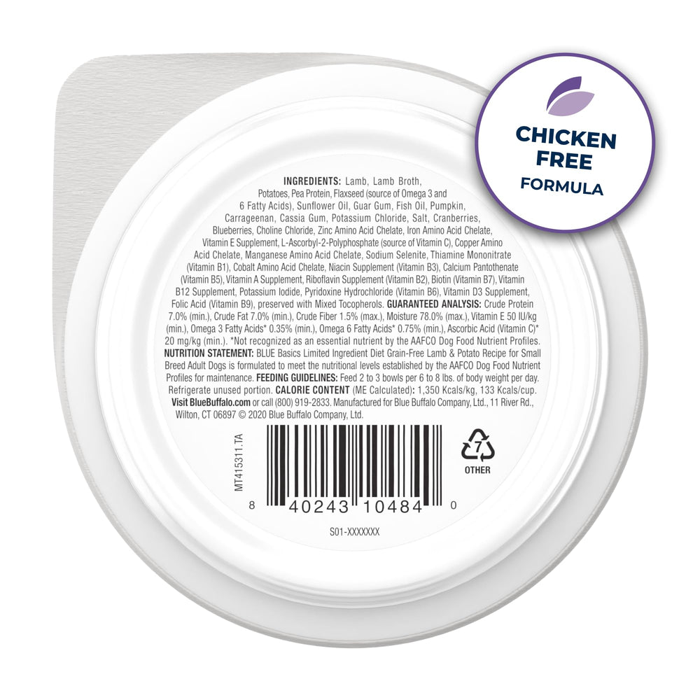 Blue Buffalo Basics receta cordero y papa para perros pequeños con energía.