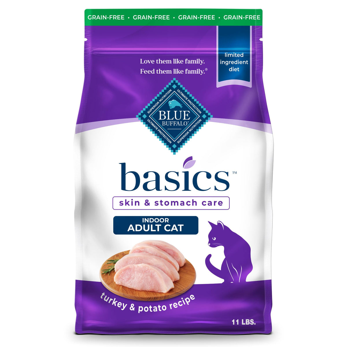 Blue Buffalo Basics saco de 11 lb frente para compra y tamaño práctico