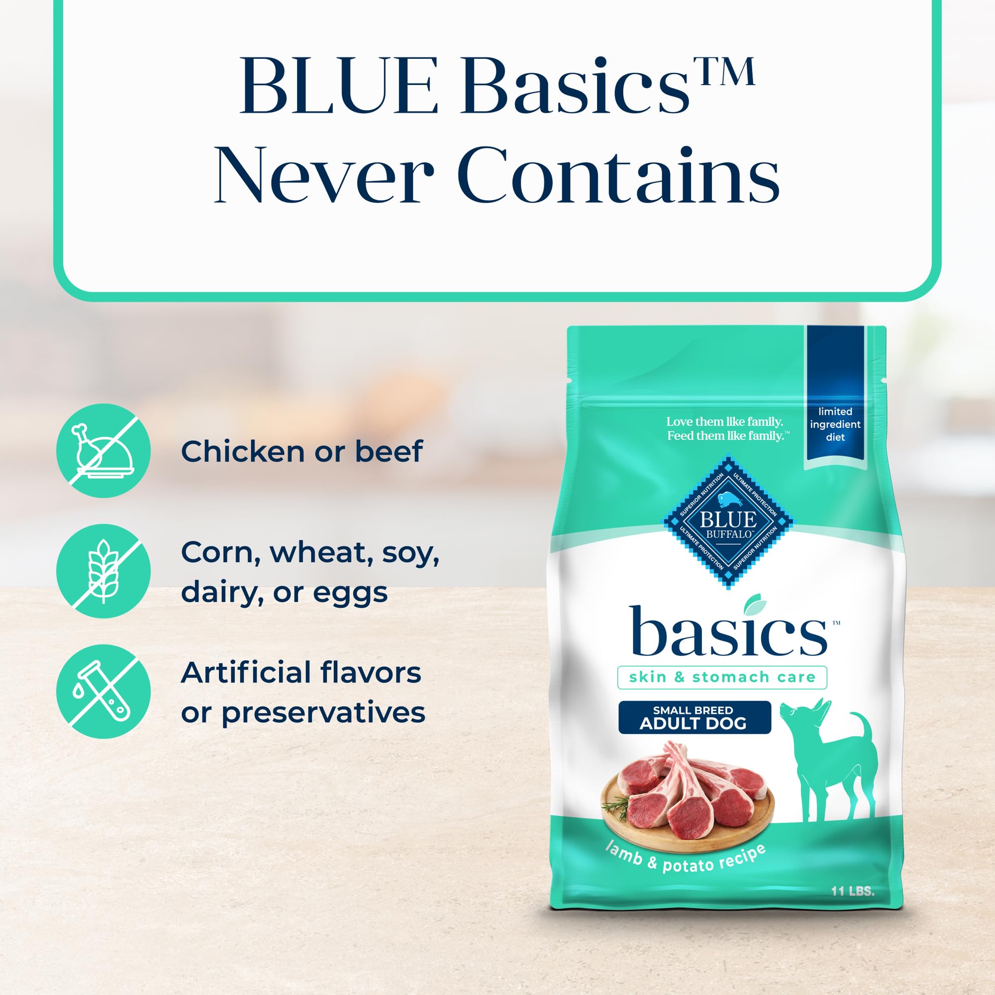 Blue Buffalo Basics sin maíz, trigo ni soja para una dieta limpia.