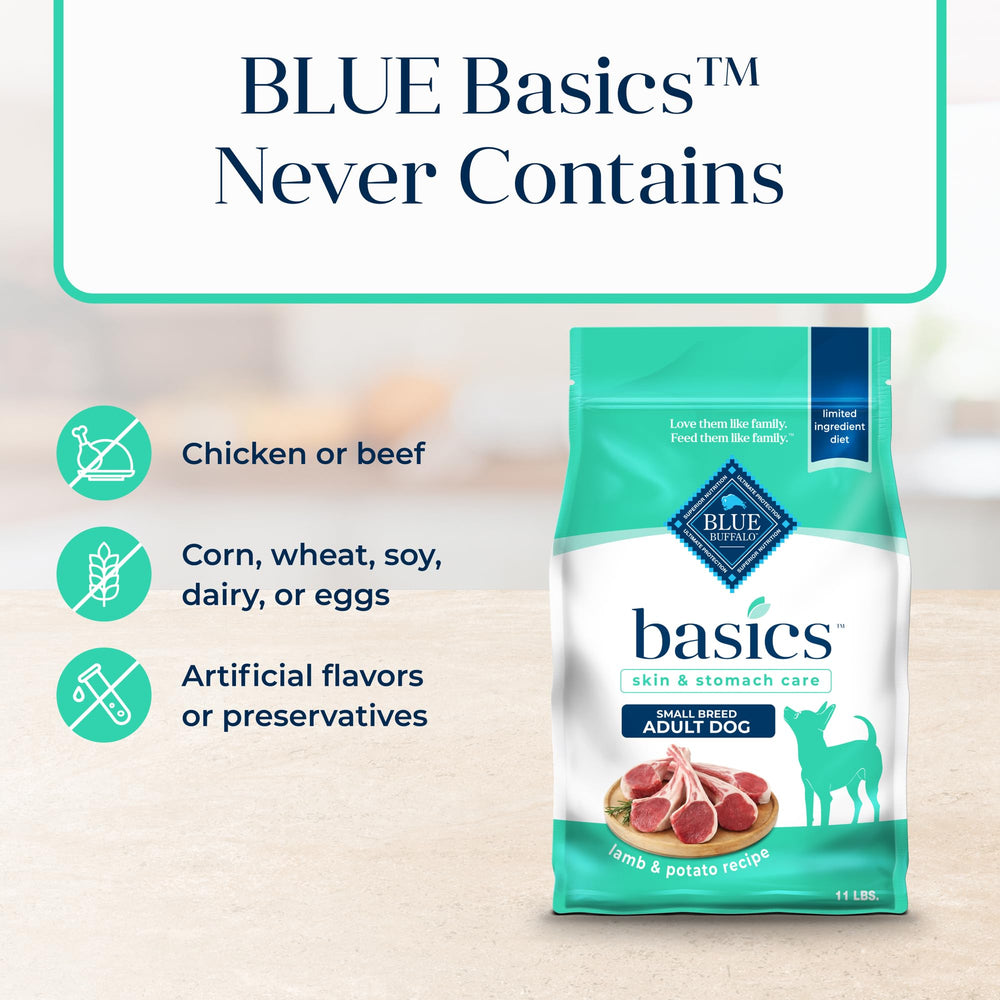 Blue Buffalo Basics sin maíz, trigo ni soja para una dieta limpia.