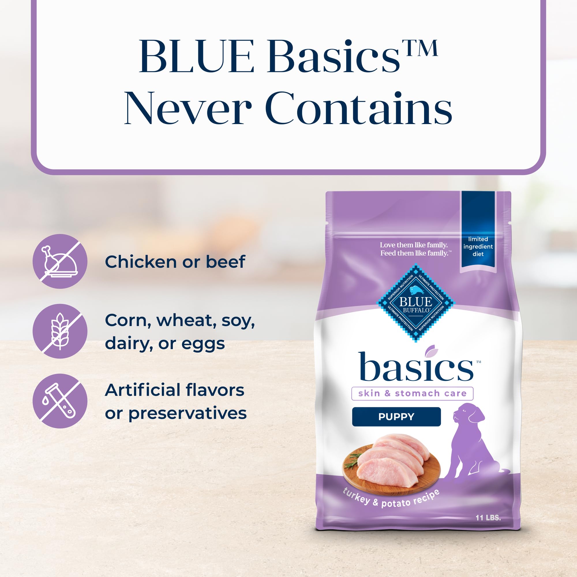 Blue Buffalo Basics sin maíz, trigo ni soja para dietas sensibles.