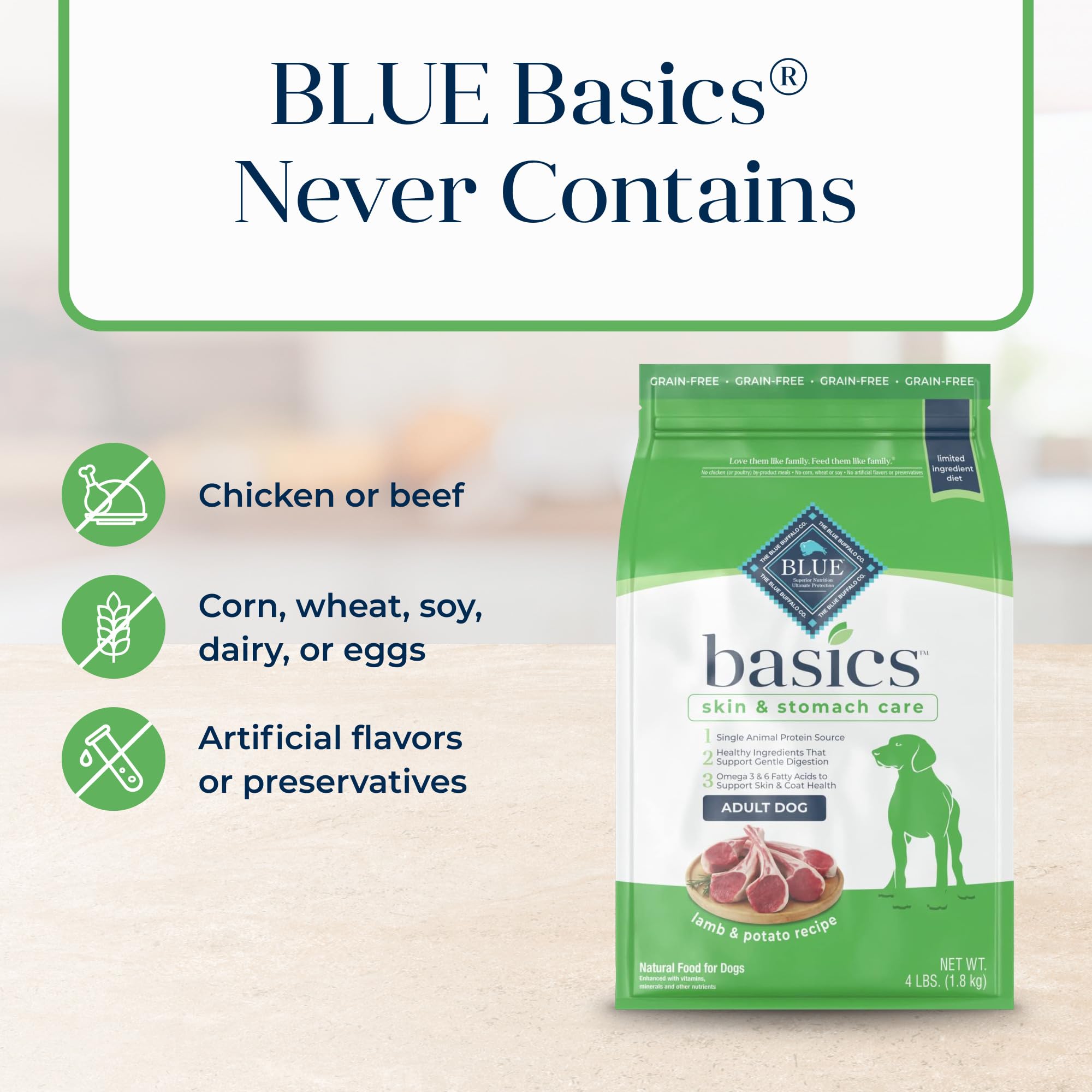 Blue Buffalo Basics sin-maiz-trigo-soya ayuda a digestión suave y clara.