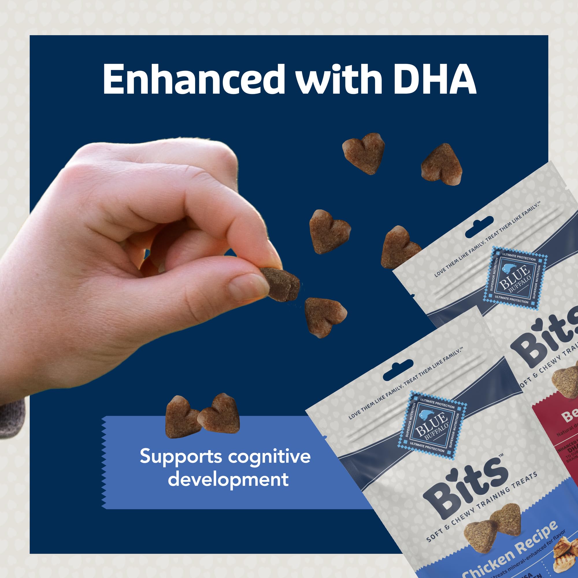 Blue Buffalo Bits sin subproductos, ingredientes selectos para premios naturales.