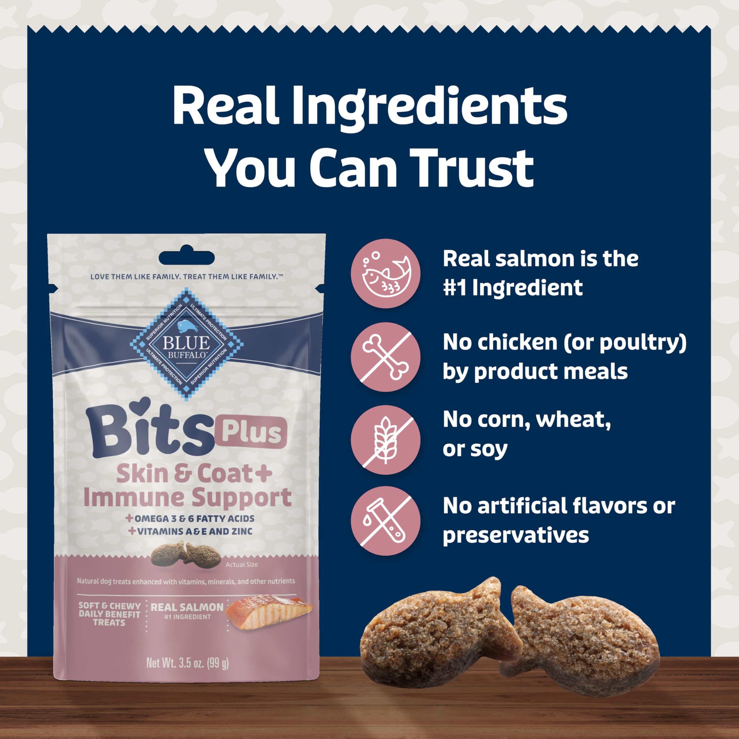 Blue Buffalo Blue Bits Plus sabor a salmón real, opción sabrosa para perros.
