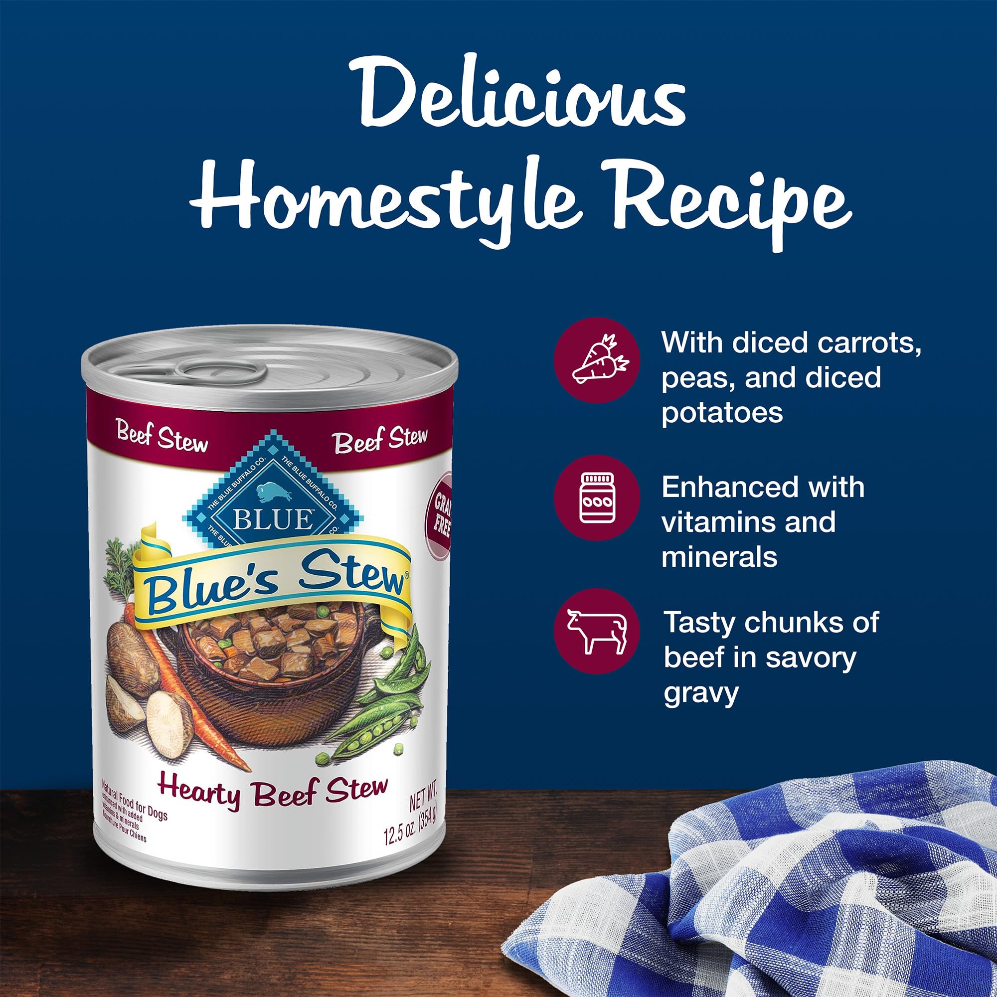 Blue Buffalo Blues Stew, etiqueta de ingredientes clara y simple.