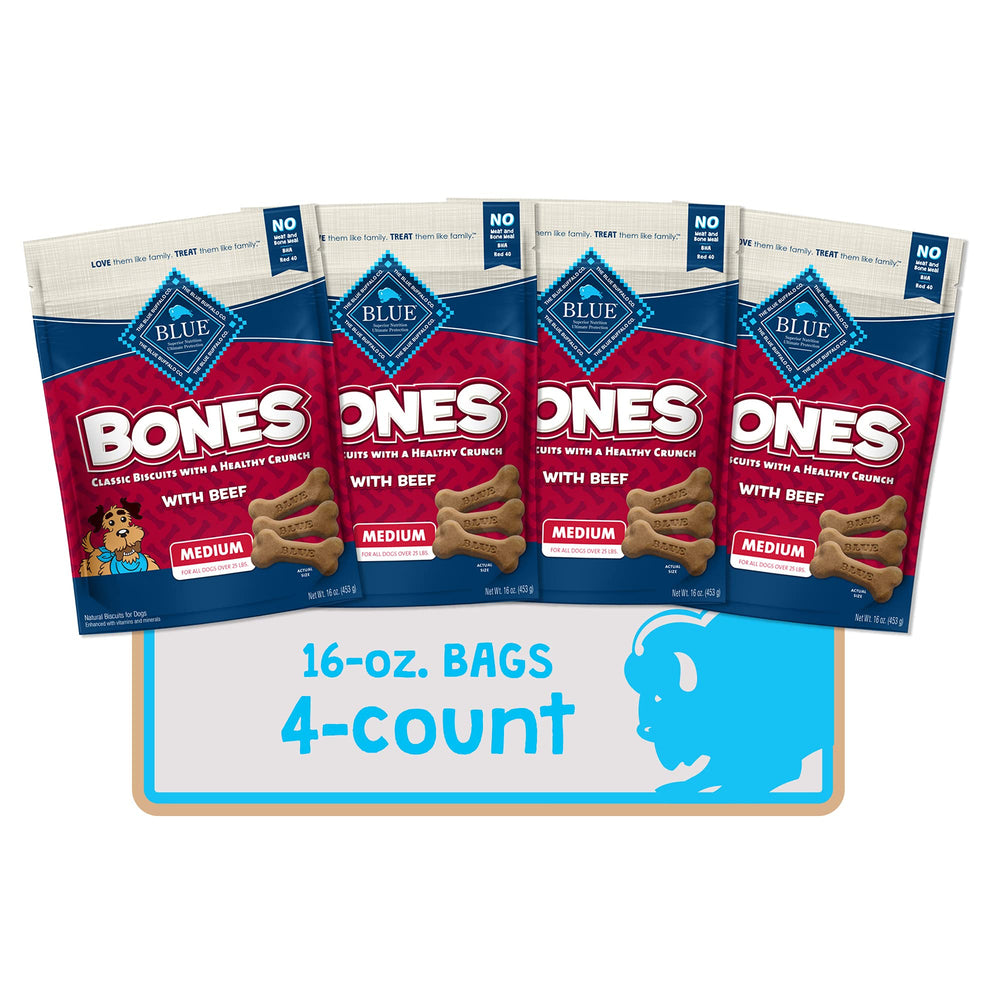 Blue Buffalo Bones crujiente con carne real para perros medianos, sabor auténtico