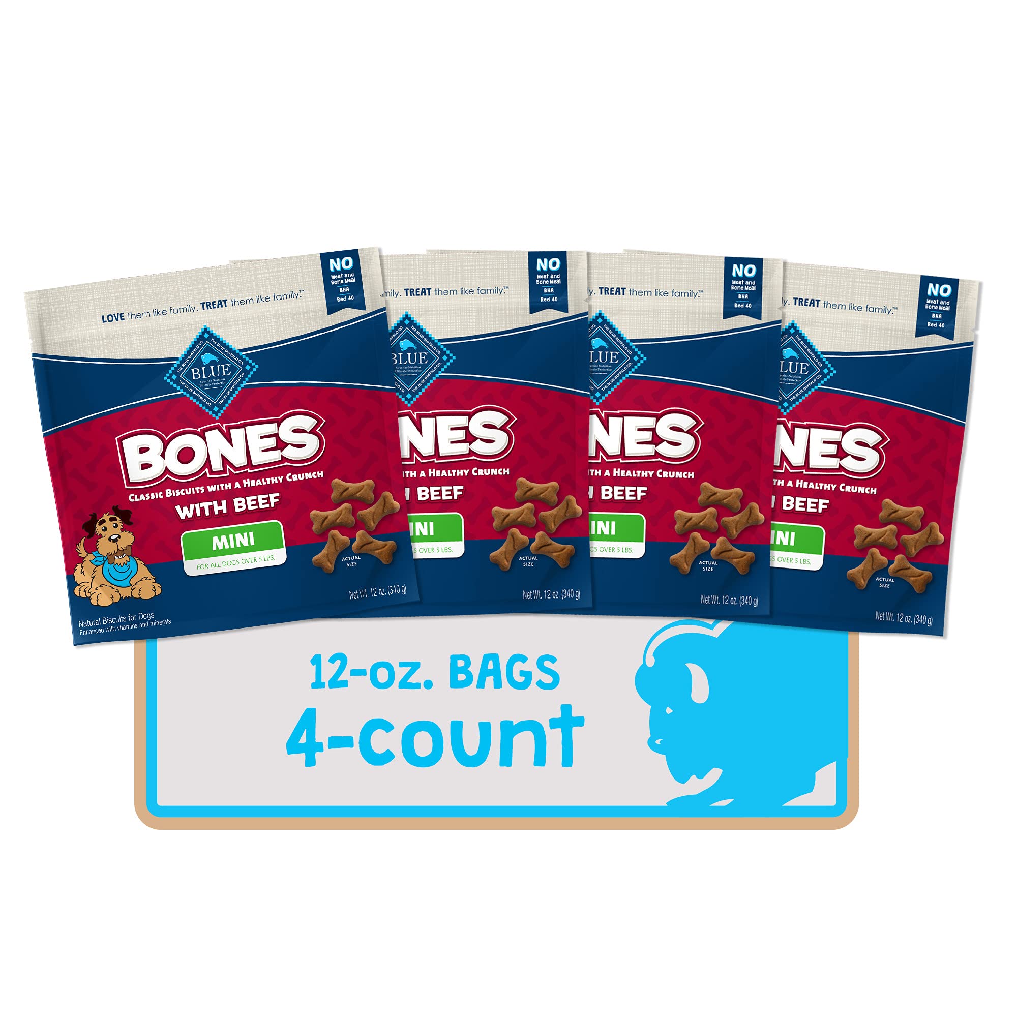 Blue Buffalo Bones mini de res, crujientes y fáciles de dar como snack diario.
