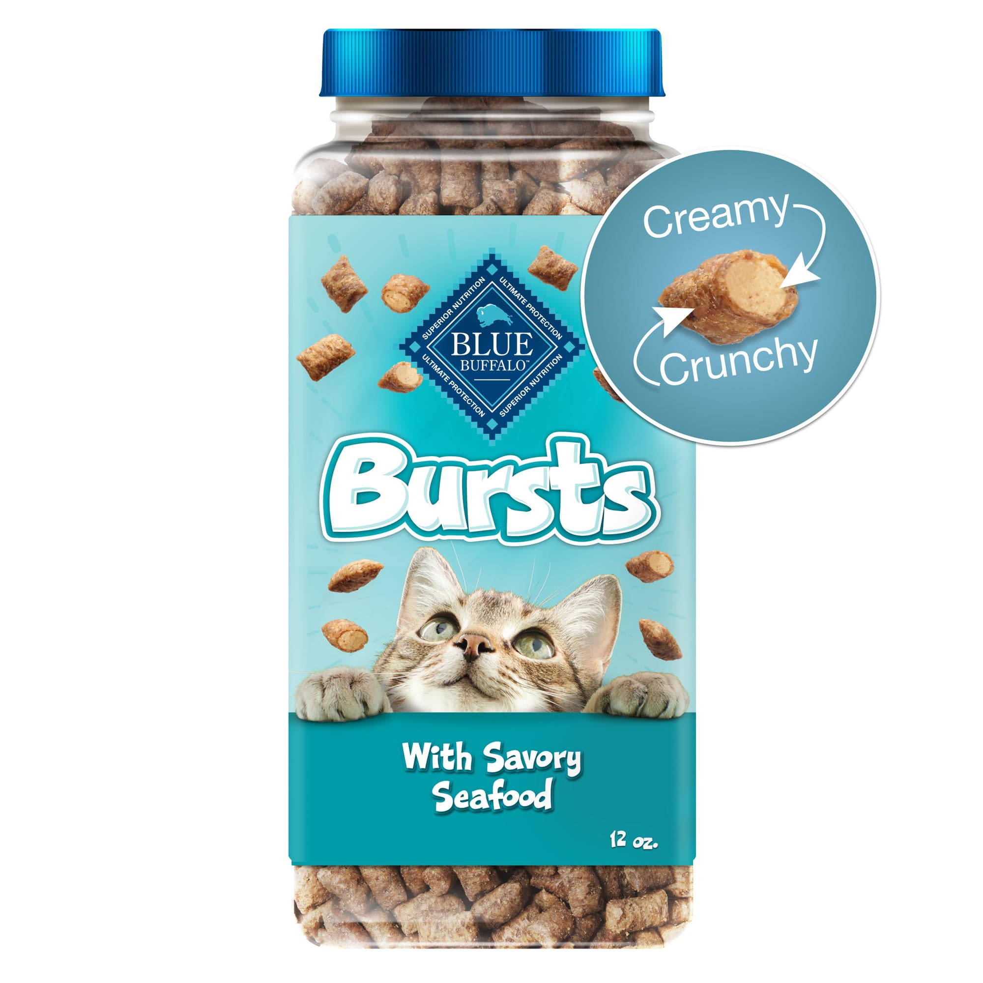Blue Buffalo Bursts en empaque muestra crujiente exterior y centro cremoso con salmón real