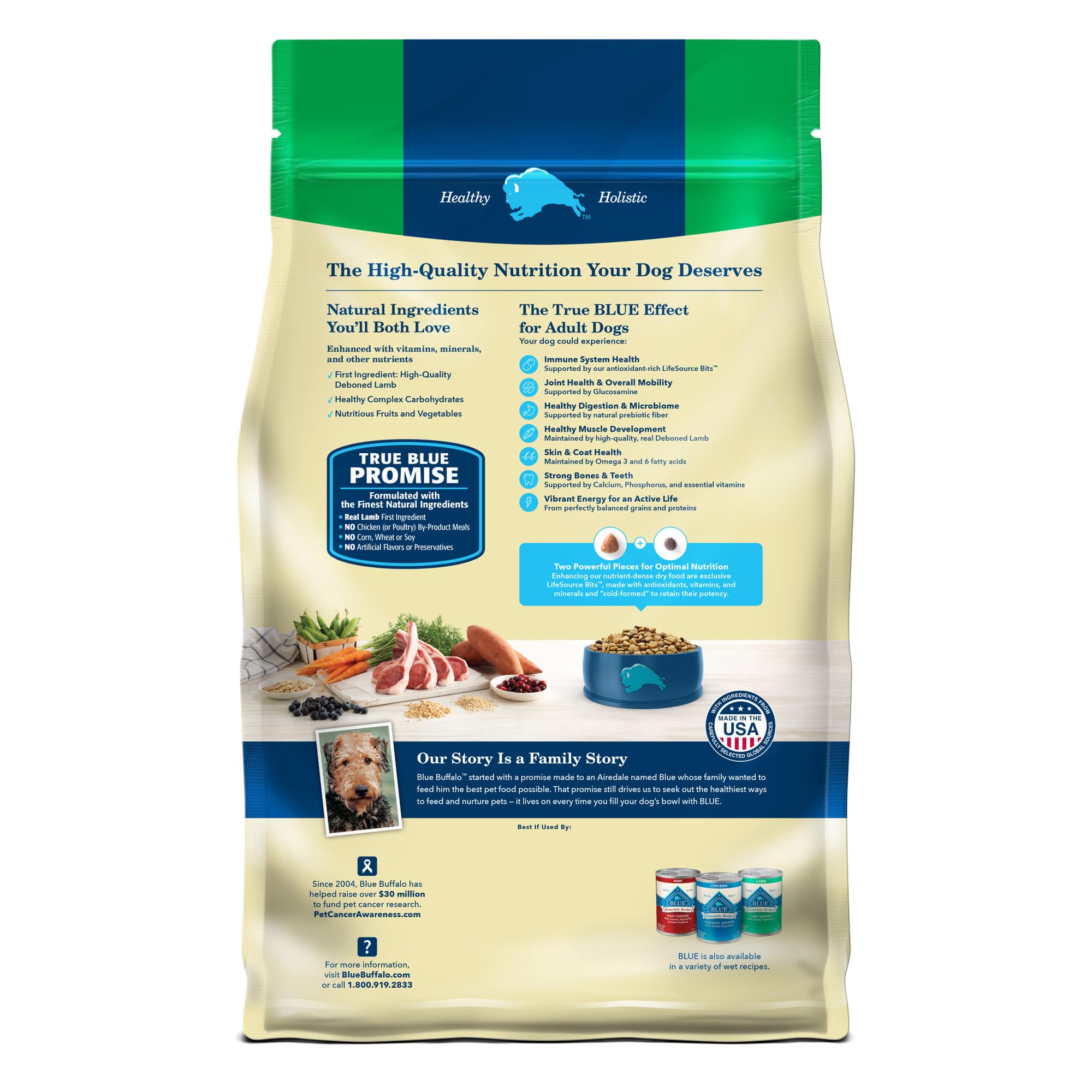 Blue Buffalo cordero real como primer ingrediente para una nutrición equilibrada.
