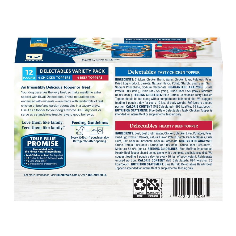 Blue Buffalo Delectables Topppers con cortes de res en salsa, textura suave para perros.
