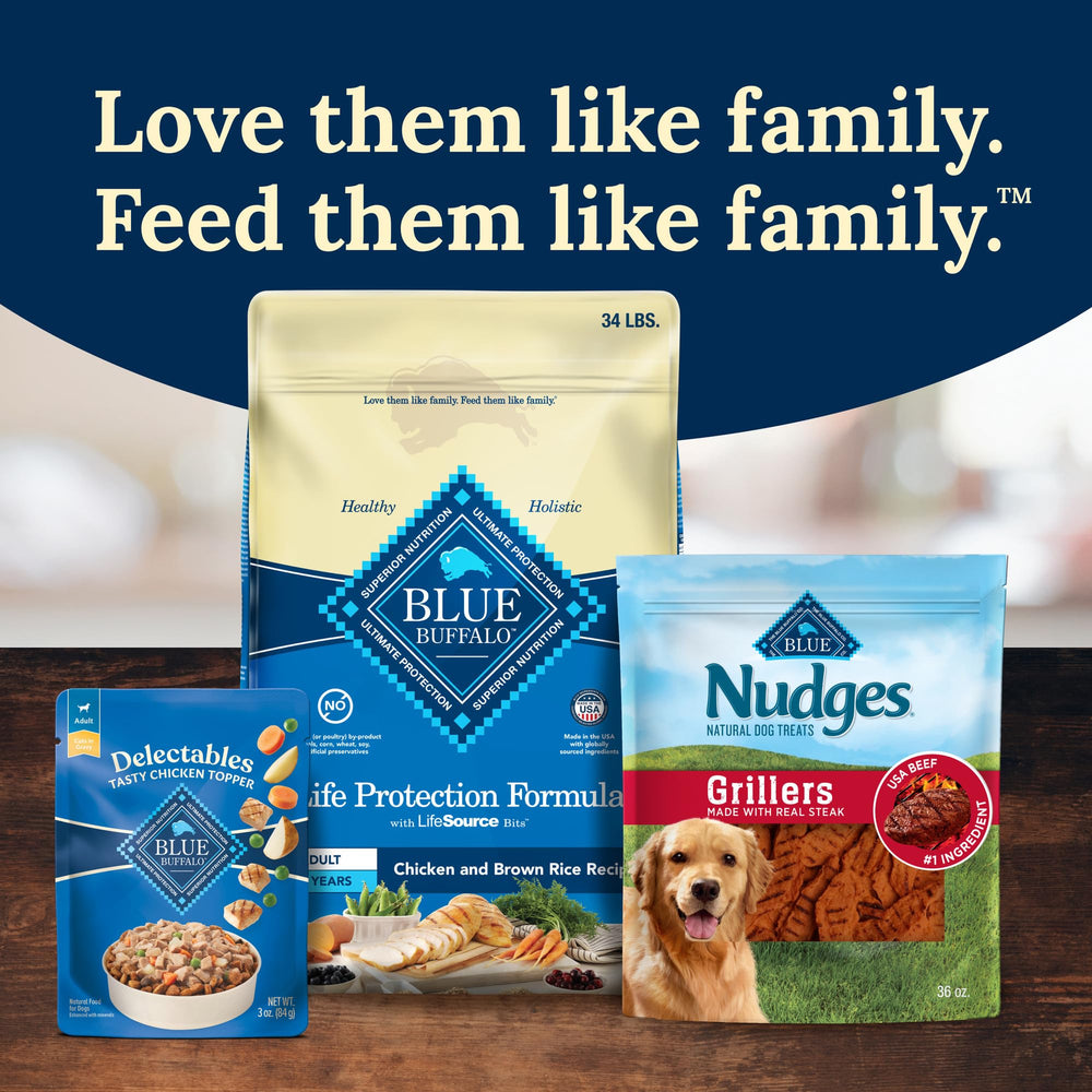 Blue Buffalo Delectables Topppers con cortes de res, perfectos para complementar la comida diaria.