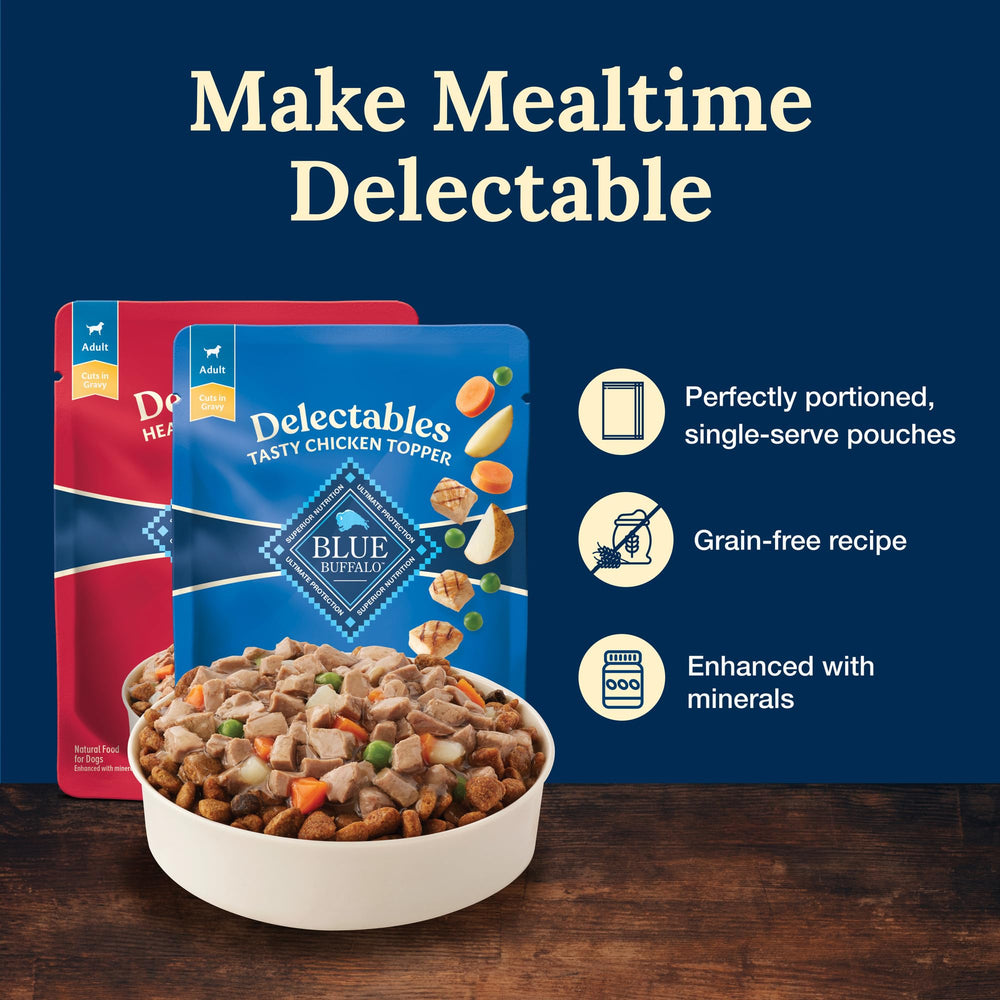 Blue Buffalo Delectables Topppers sin granos, opción conveniente para alimentar con balance.