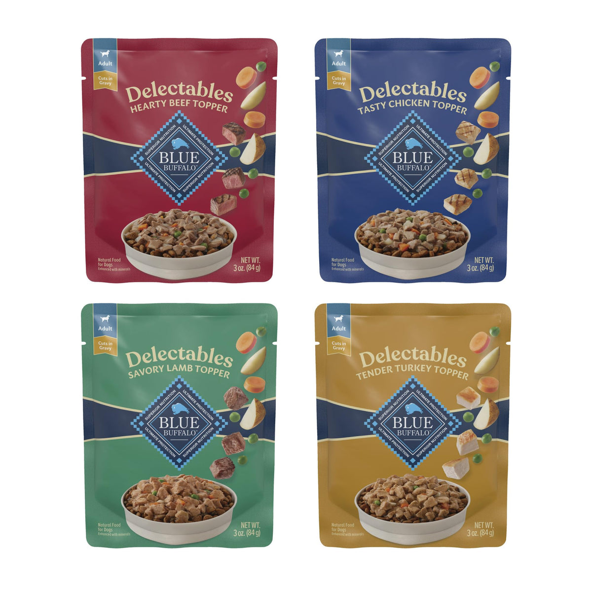 Blue Buffalo Delectables Toppers: paquete de 24 porciones para complementar la comida seca