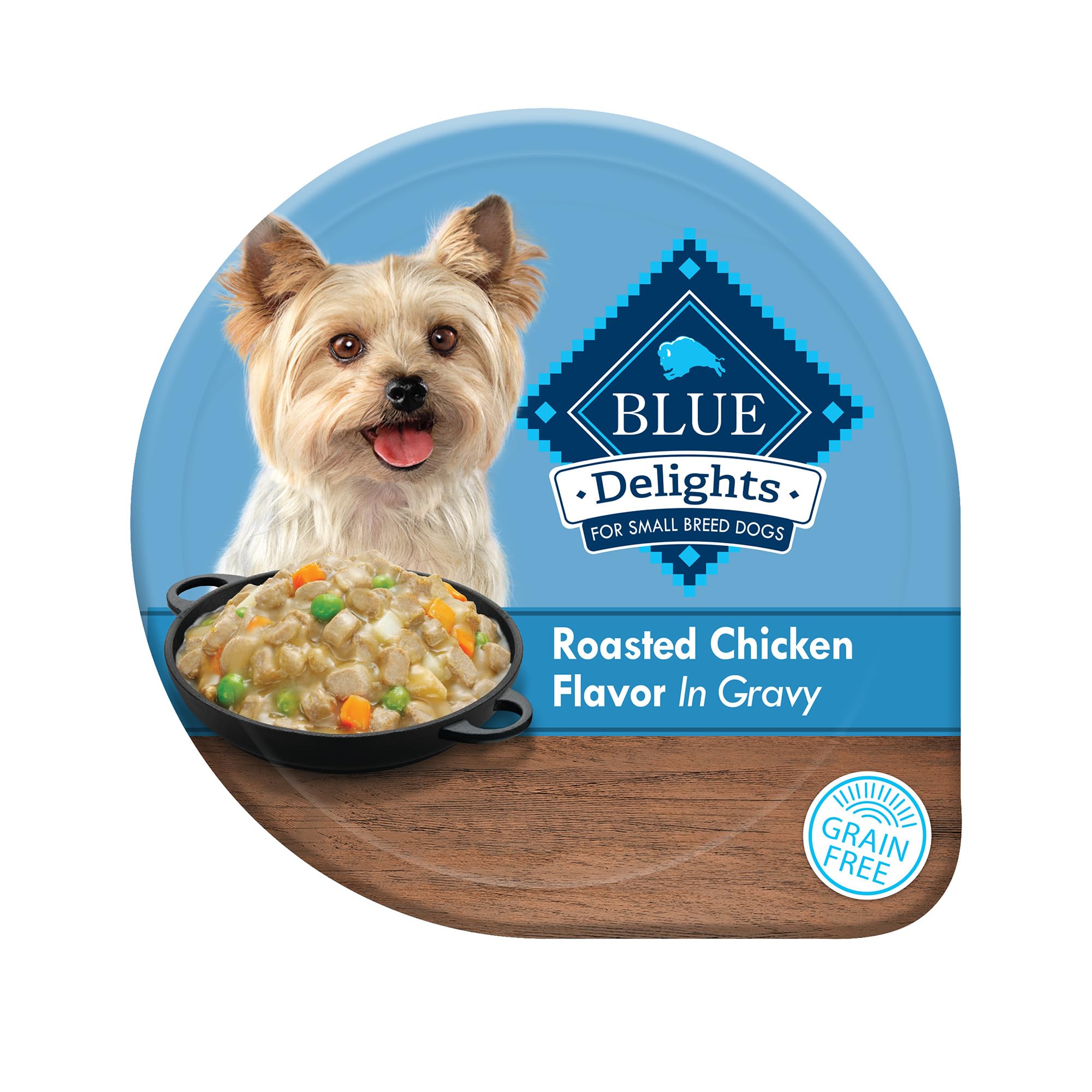Blue Buffalo Delights para razas pequeñas con pollo asado en salsa, lista para servir.