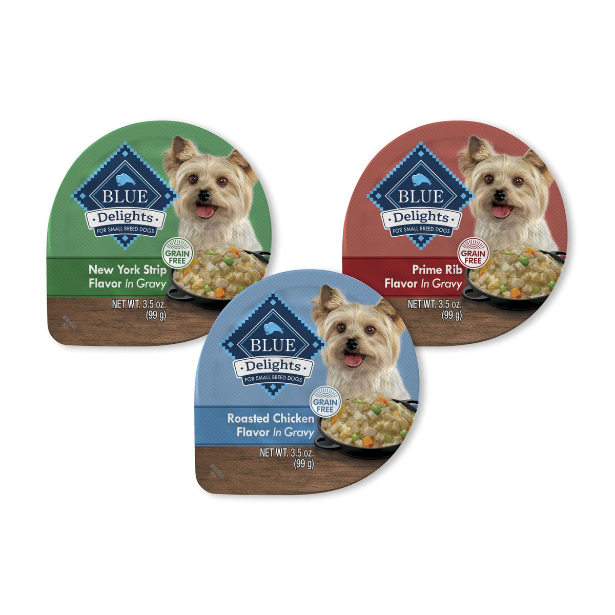 Blue Buffalo Delights, taza de pollo en salsa, ideal para comidas fáciles de perros pequeños.