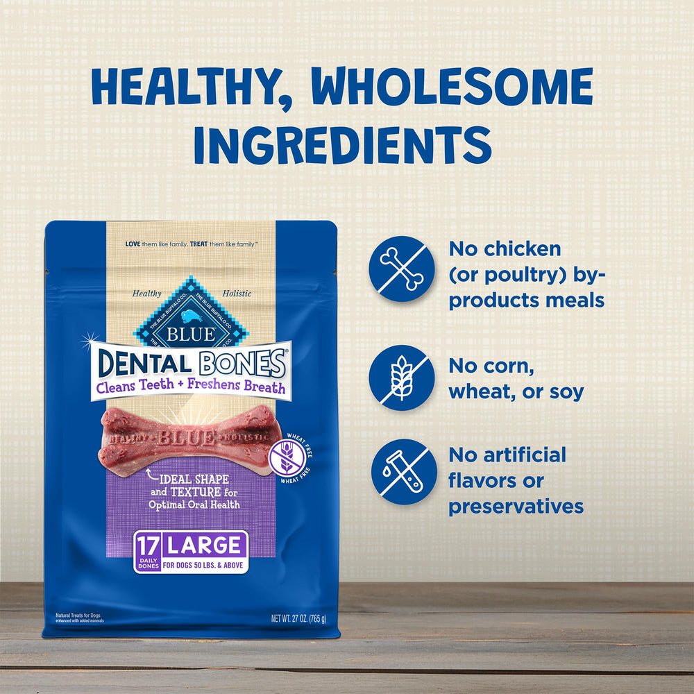 Blue Buffalo ingredientes sin pollo, sin maíz y sin soya en estos huesos dentales.