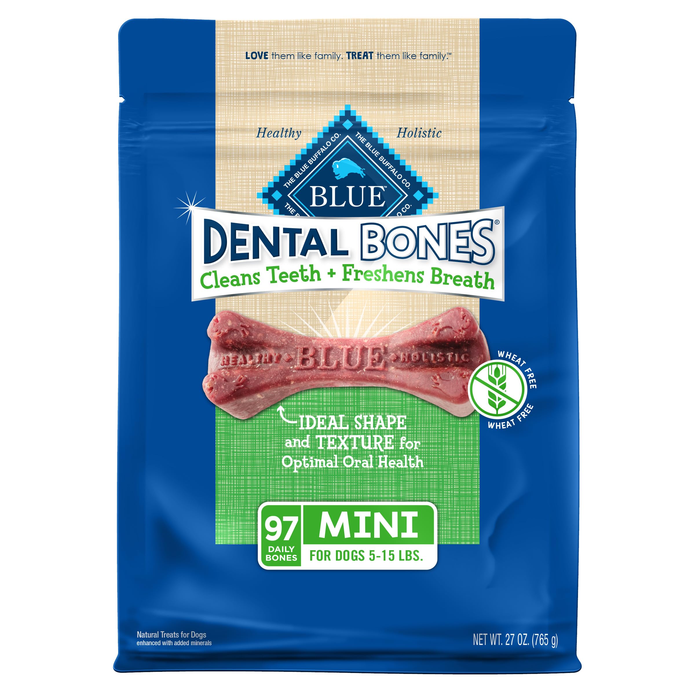 Blue Buffalo Dental Bones Mini: empaque frontal, ideal para perros pequeños.