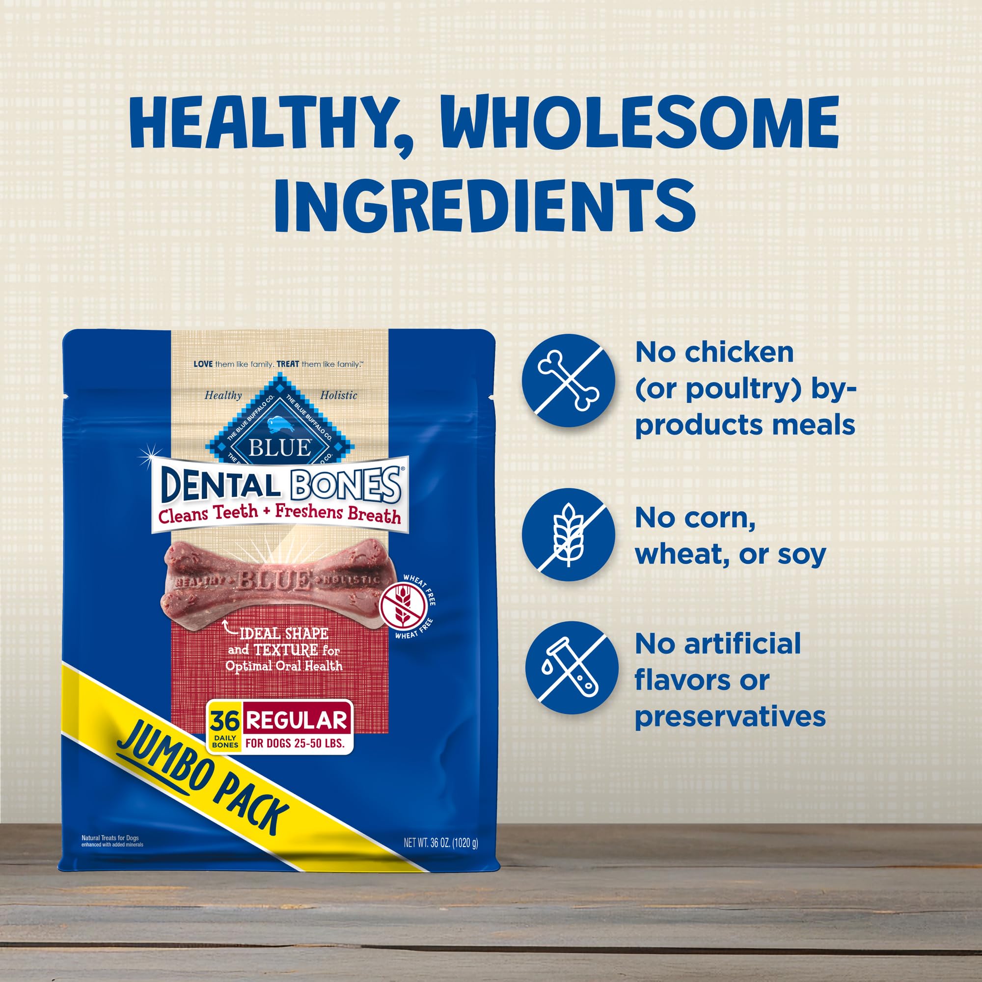 Blue Buffalo Dental Bones, sin colorantes artificiales para dieta natural.