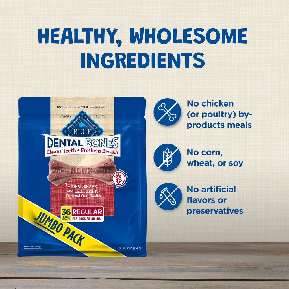 Blue Buffalo Dental Bones, sin colorantes artificiales para dieta natural.