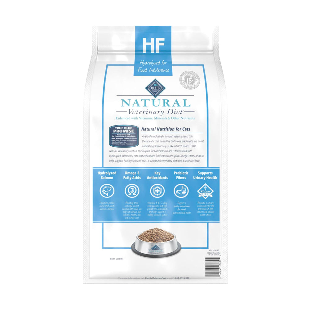 Blue Buffalo HF Hidrolizado: ingredientes clave como salmón hidrolizado para digestibilidad.