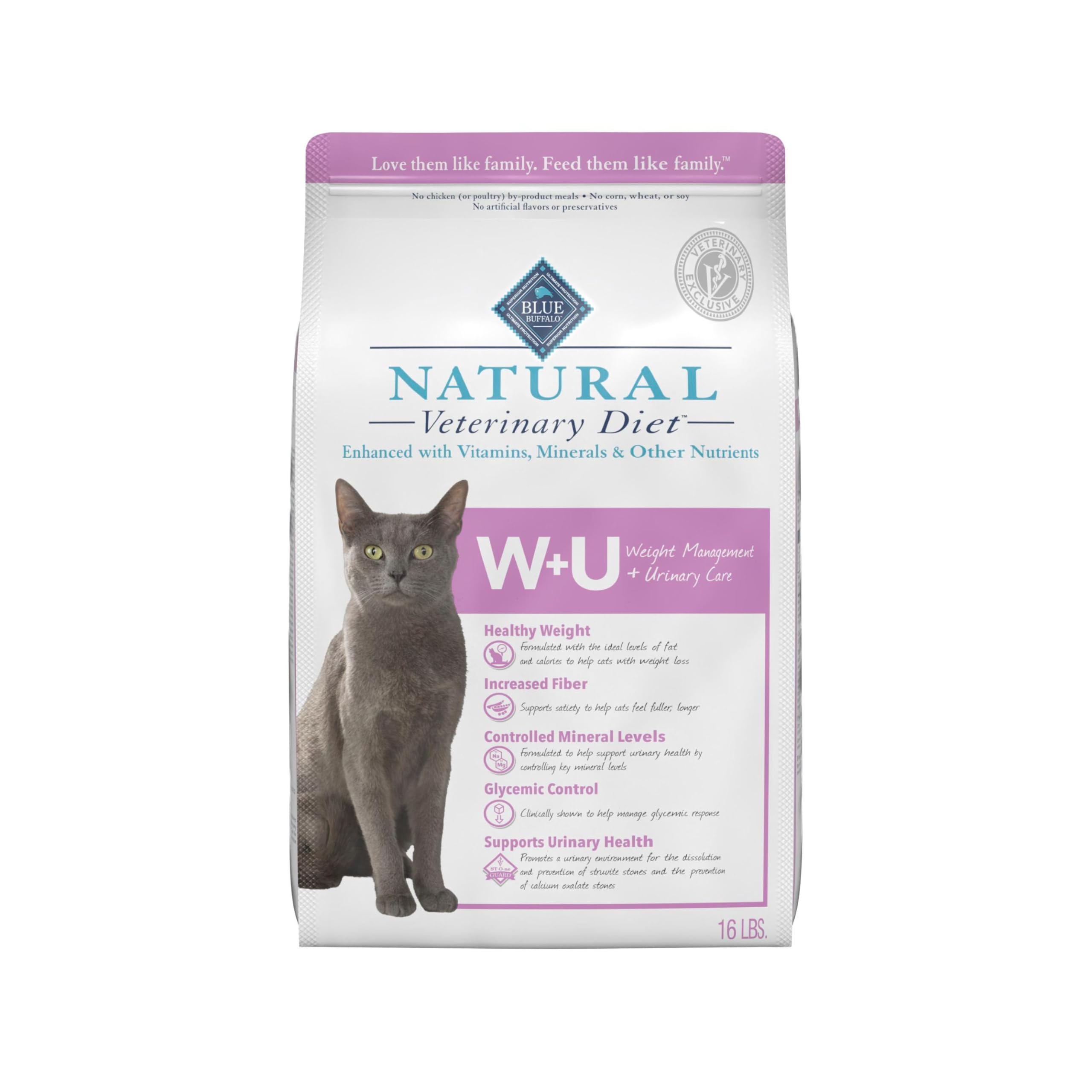 Blue Buffalo dieta veterinaria W+U en empaque, opción de nutrición estable para gatos.
