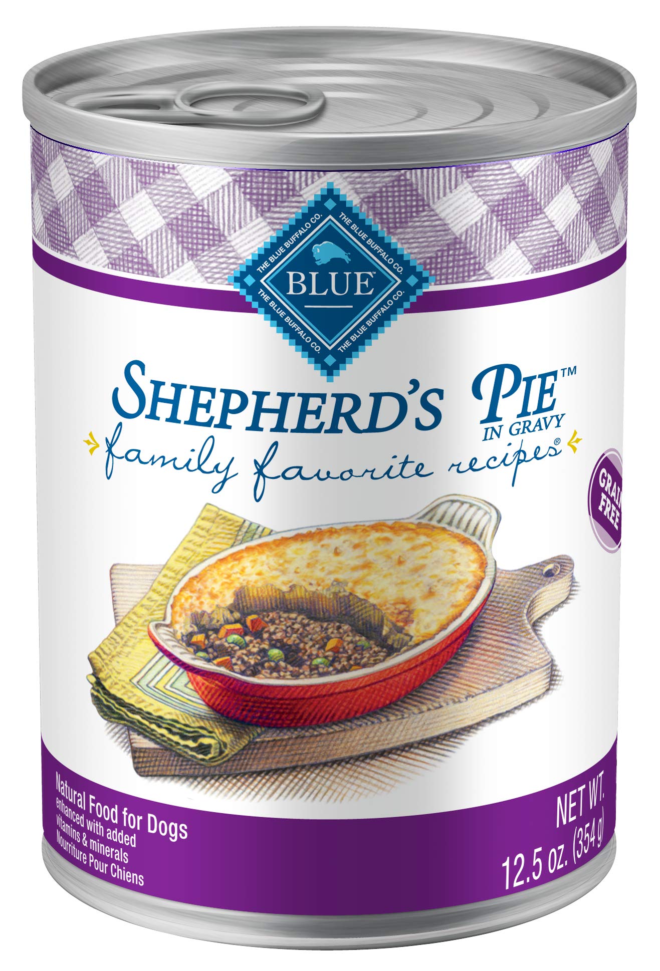 Blue Buffalo pastel-del-pastor en lata, comida completa para perros adultos.