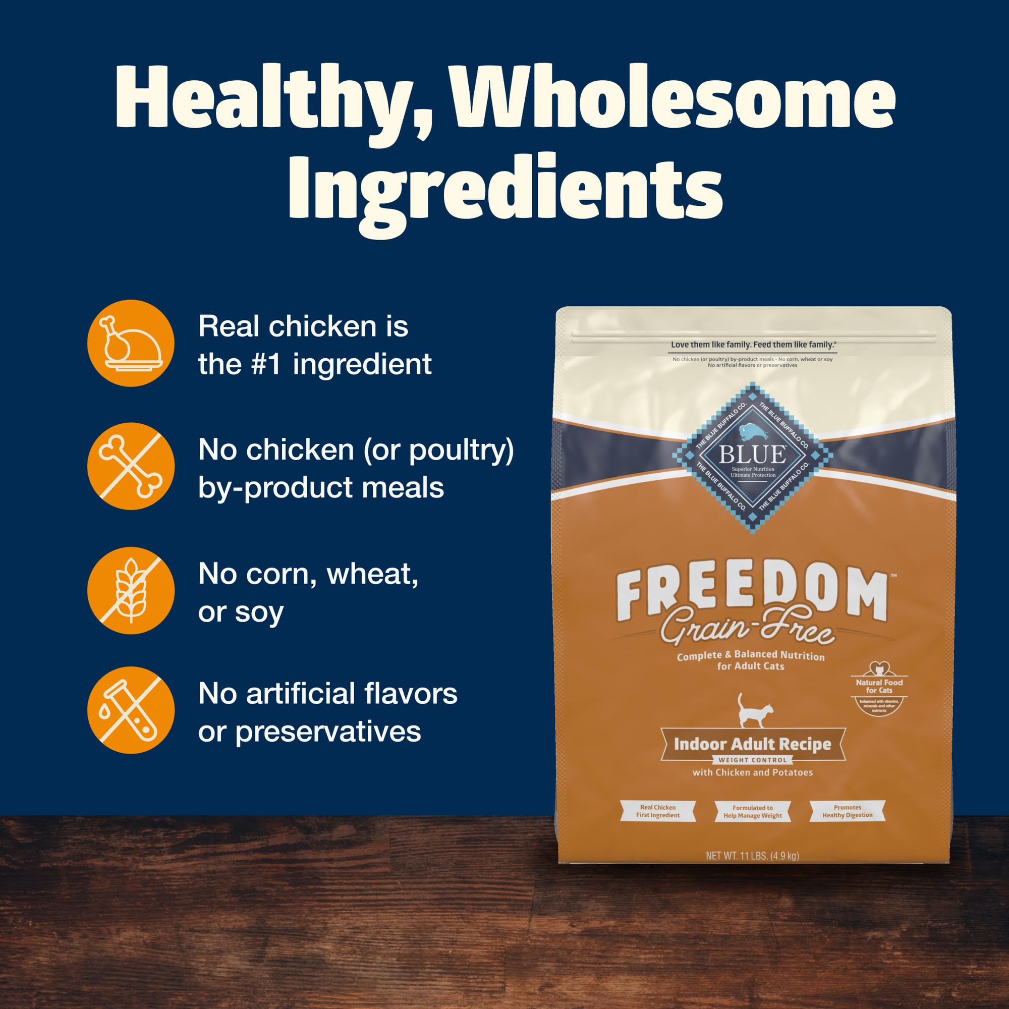 Blue Buffalo Freedom Grain-Free croquetas con pollo real para sabor natural.