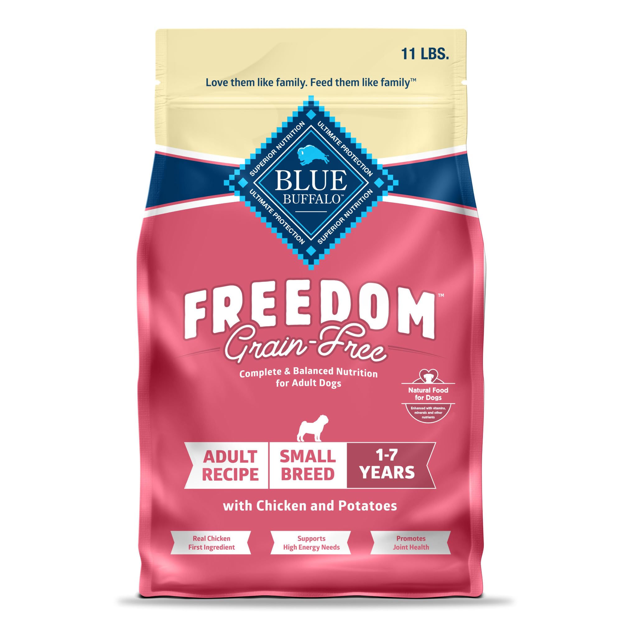 Frente de empaque de Blue Buffalo Freedom, muestra energía diaria para perros pequeños.