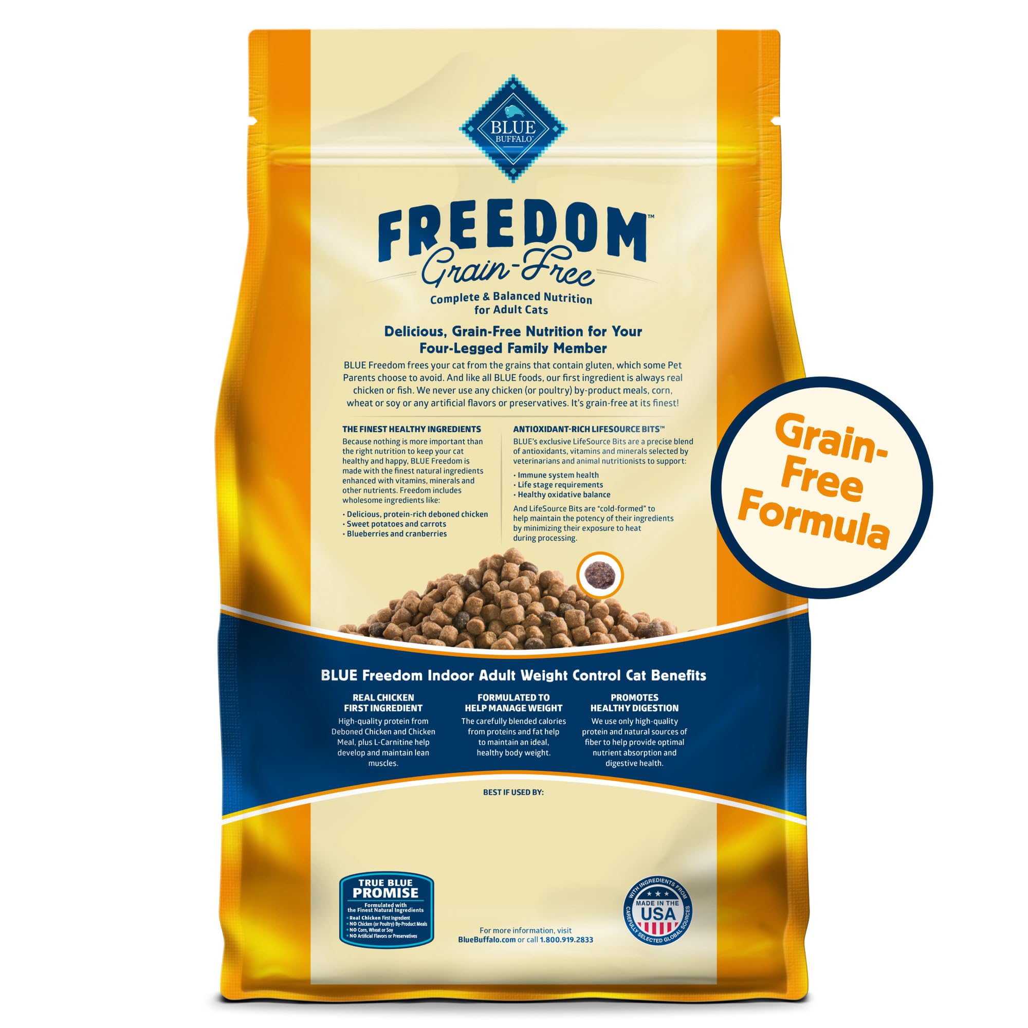 Blue Buffalo Freedom Grain-Free croquetas con pollo real, primer ingrediente.