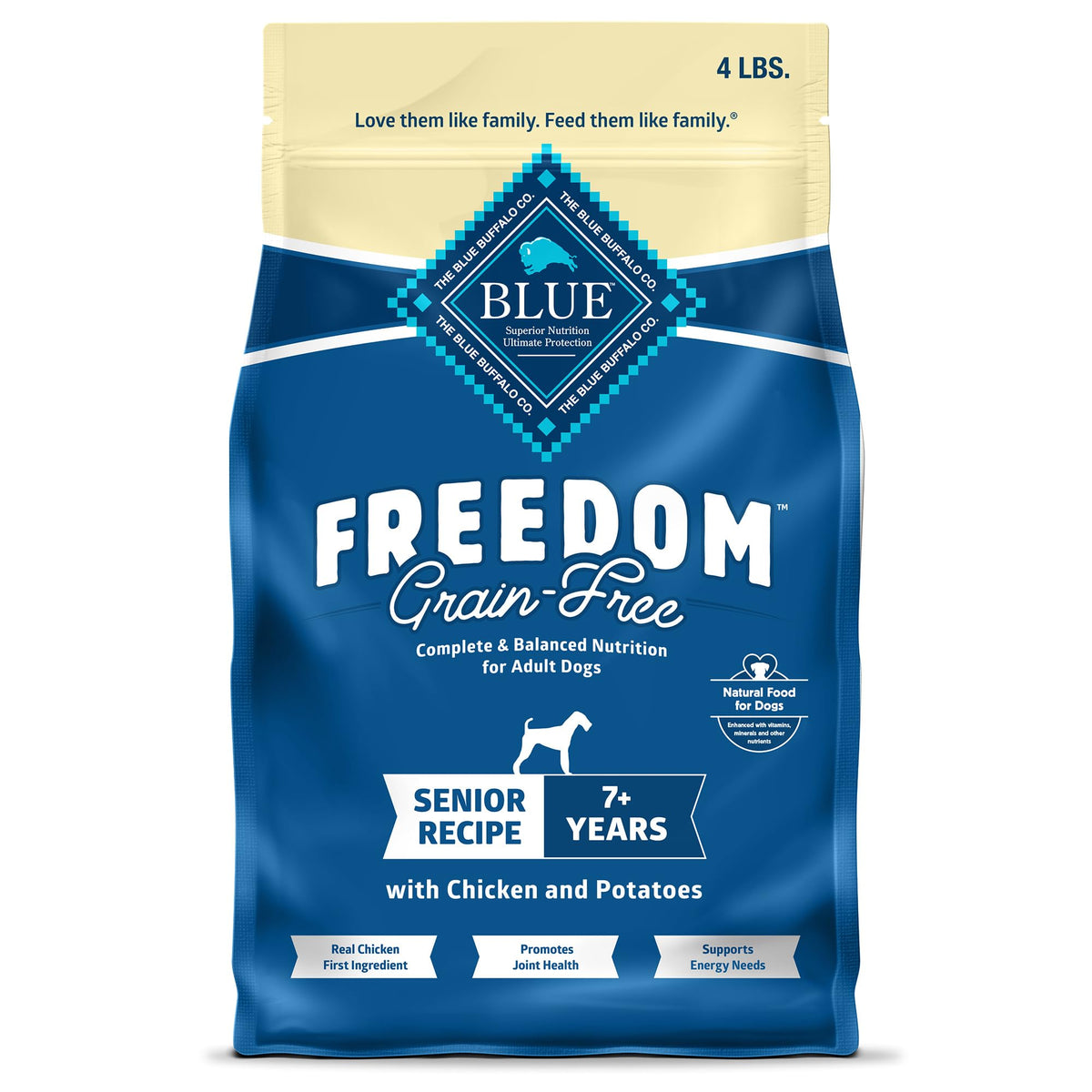 Blue Buffalo Freedom Senior, empaque visible de alimento seco para perros mayores, natural