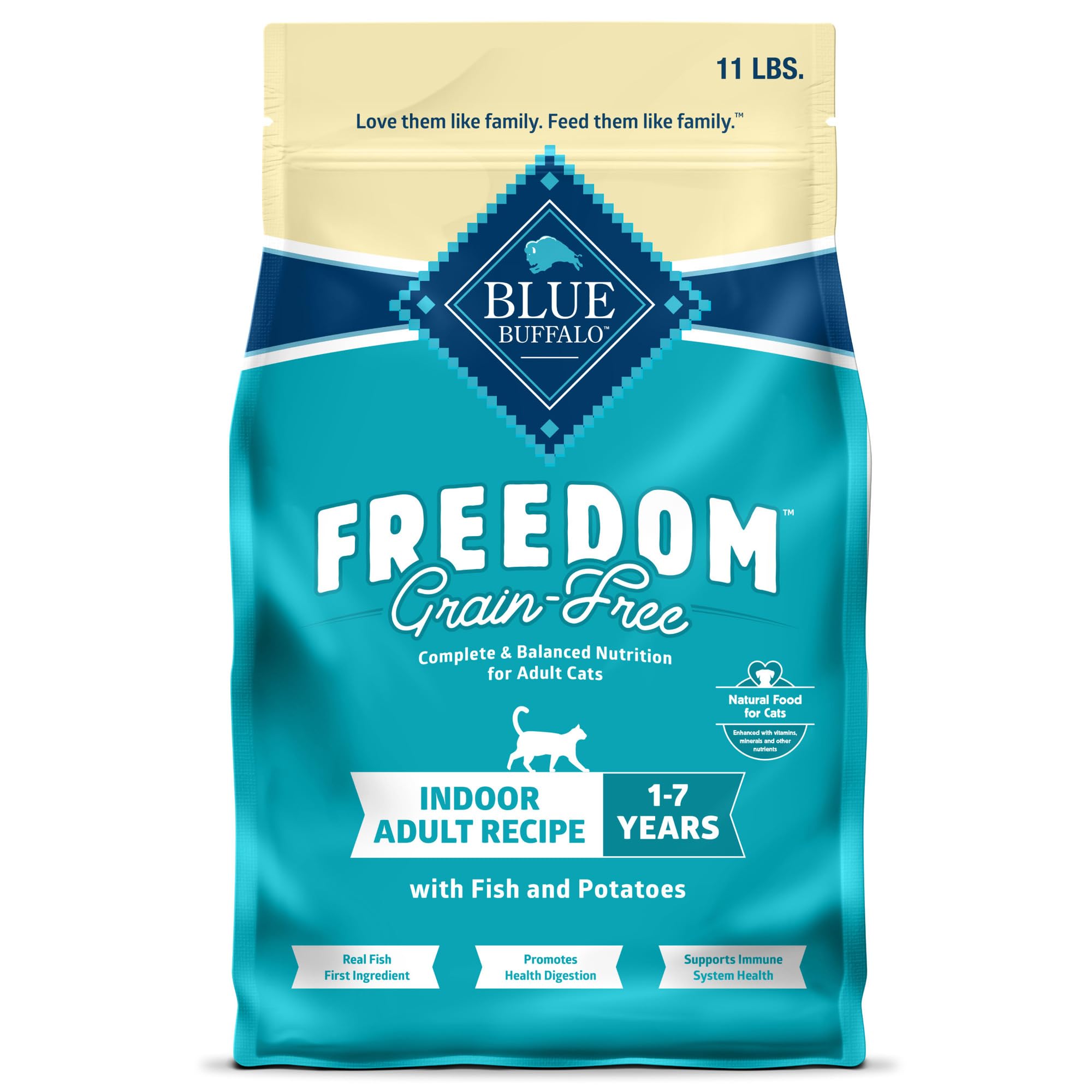 Blue Buffalo Freedom sin granos para gatos adultos de interior con pescado blanco, bolsa de 11-lb