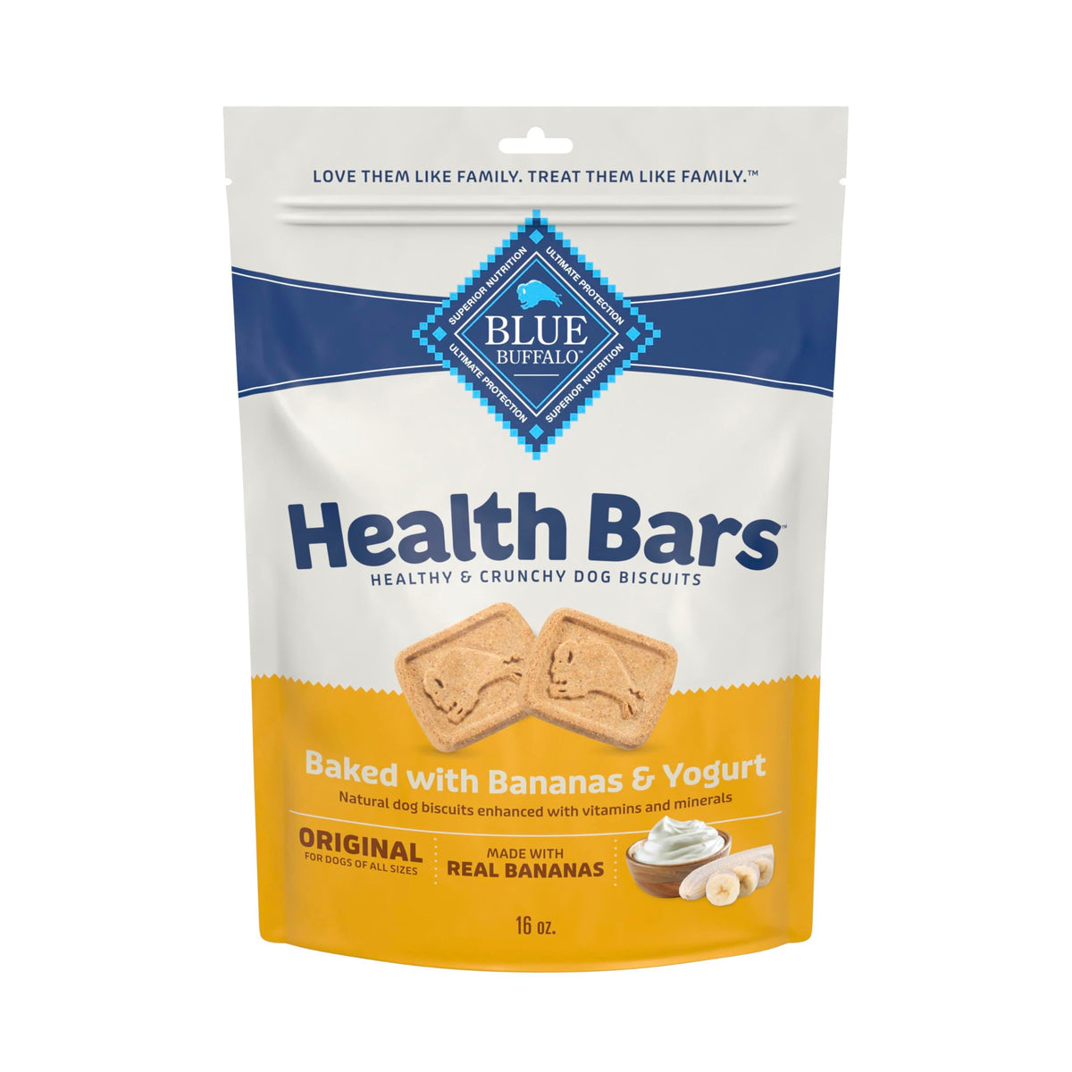 Blue Buffalo Health Bars galletas para perros con banana y yogur, sabor irresistible para premiar.