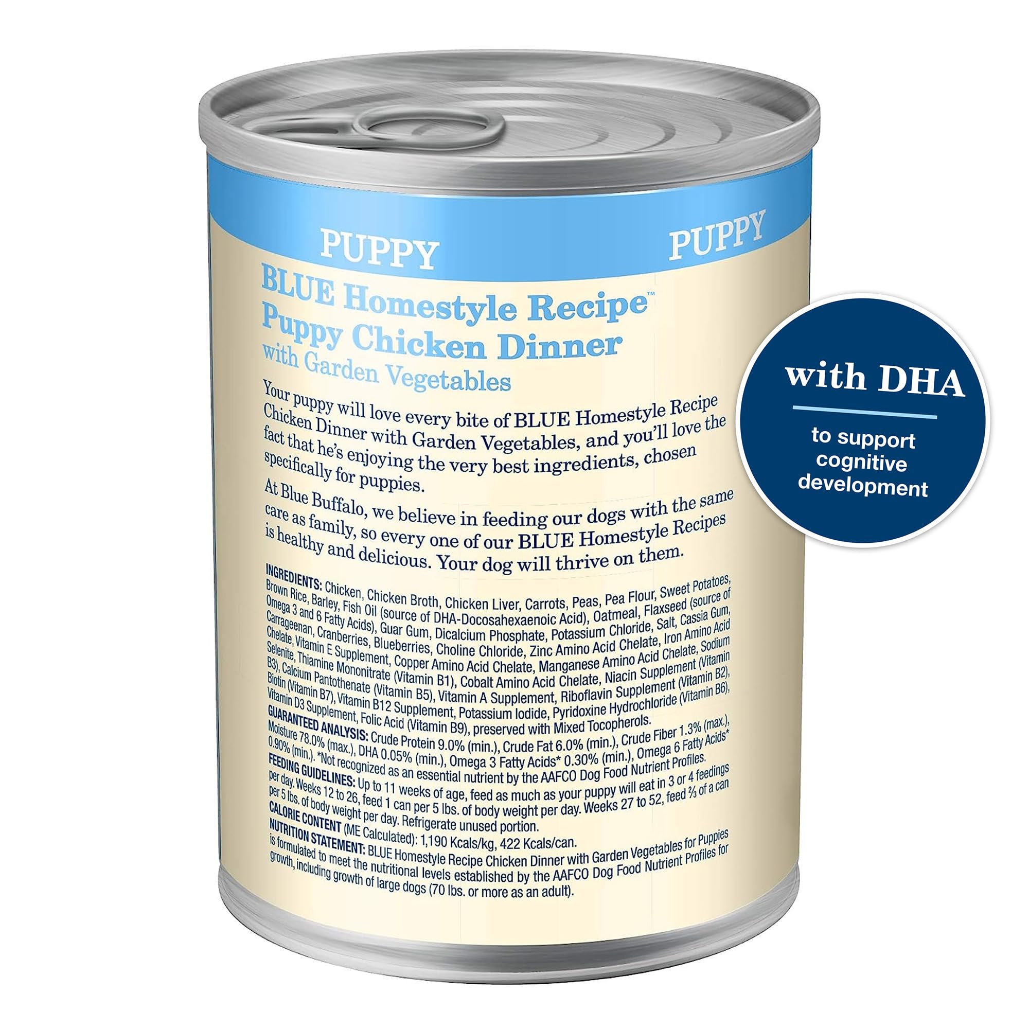 Blue Buffalo Homestyle Puppy: etiqueta clara que destaca ingredientes naturales.