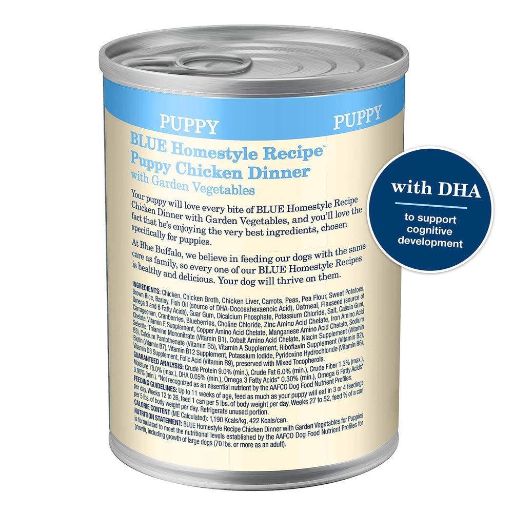 Blue Buffalo Homestyle Puppy: etiqueta clara que destaca ingredientes naturales.