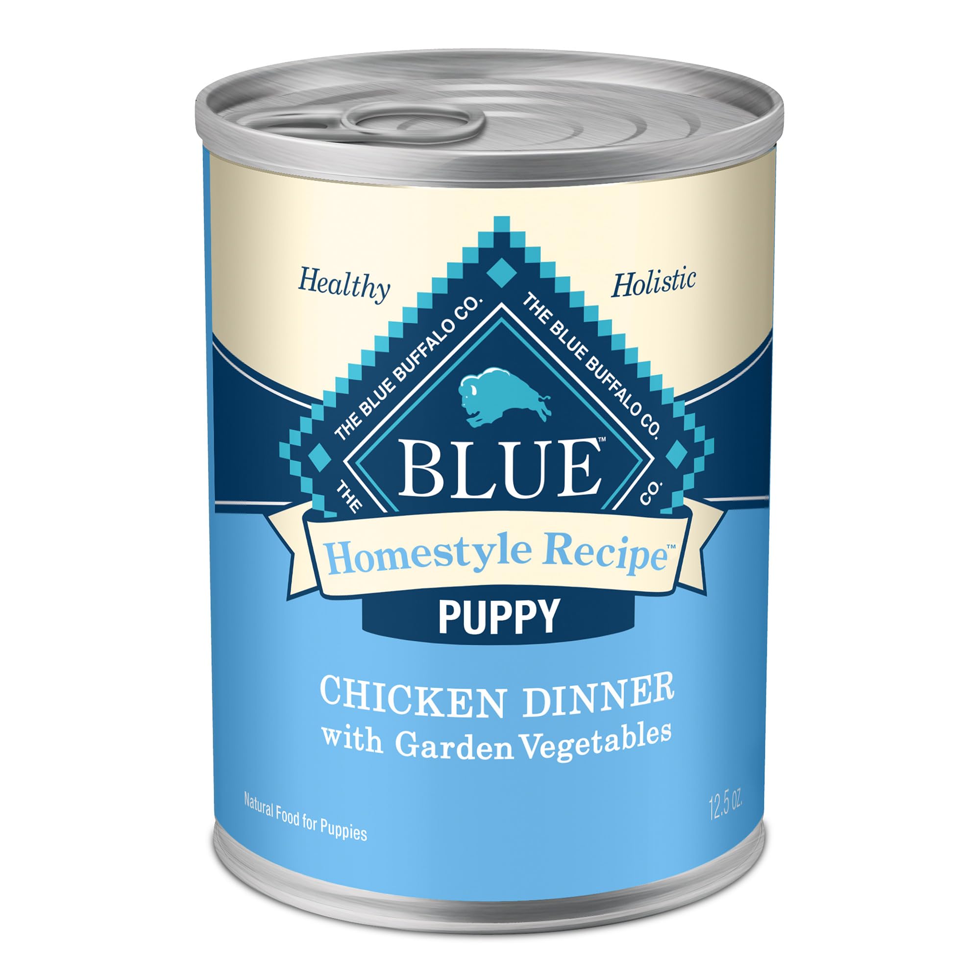 Blue Buffalo Homestyle Puppy: lata visible con pollo real como ingrediente principal.