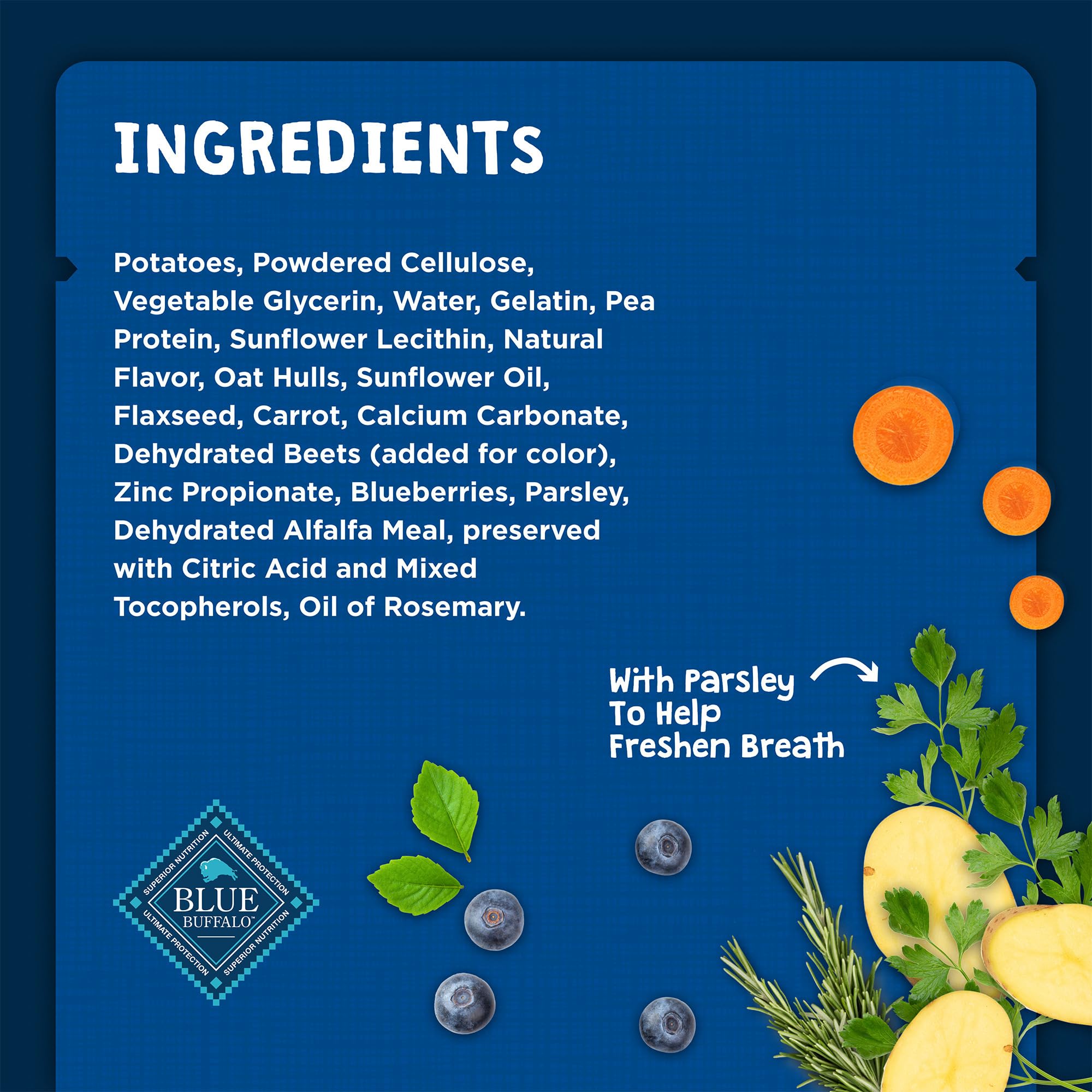 Blue Buffalo aliento más fresco con dientes limpios al masticar estos huesos dentales.