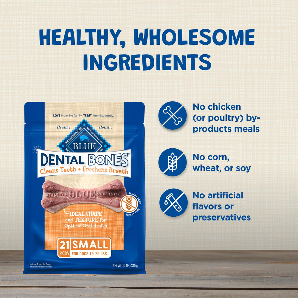 Blue Buffalo huesos dentales enriquecidos con minerales para salud bucal.