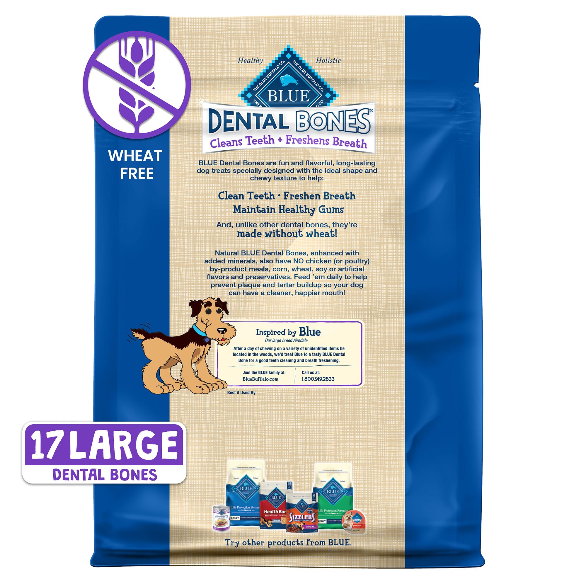 Blue Buffalo huesos dentales de textura masticable para perros grandes, promueven aliento fresco.
