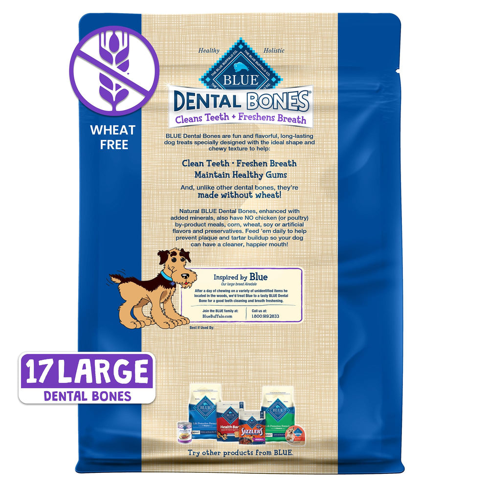 Blue Buffalo huesos dentales de textura masticable para perros grandes, promueven aliento fresco.