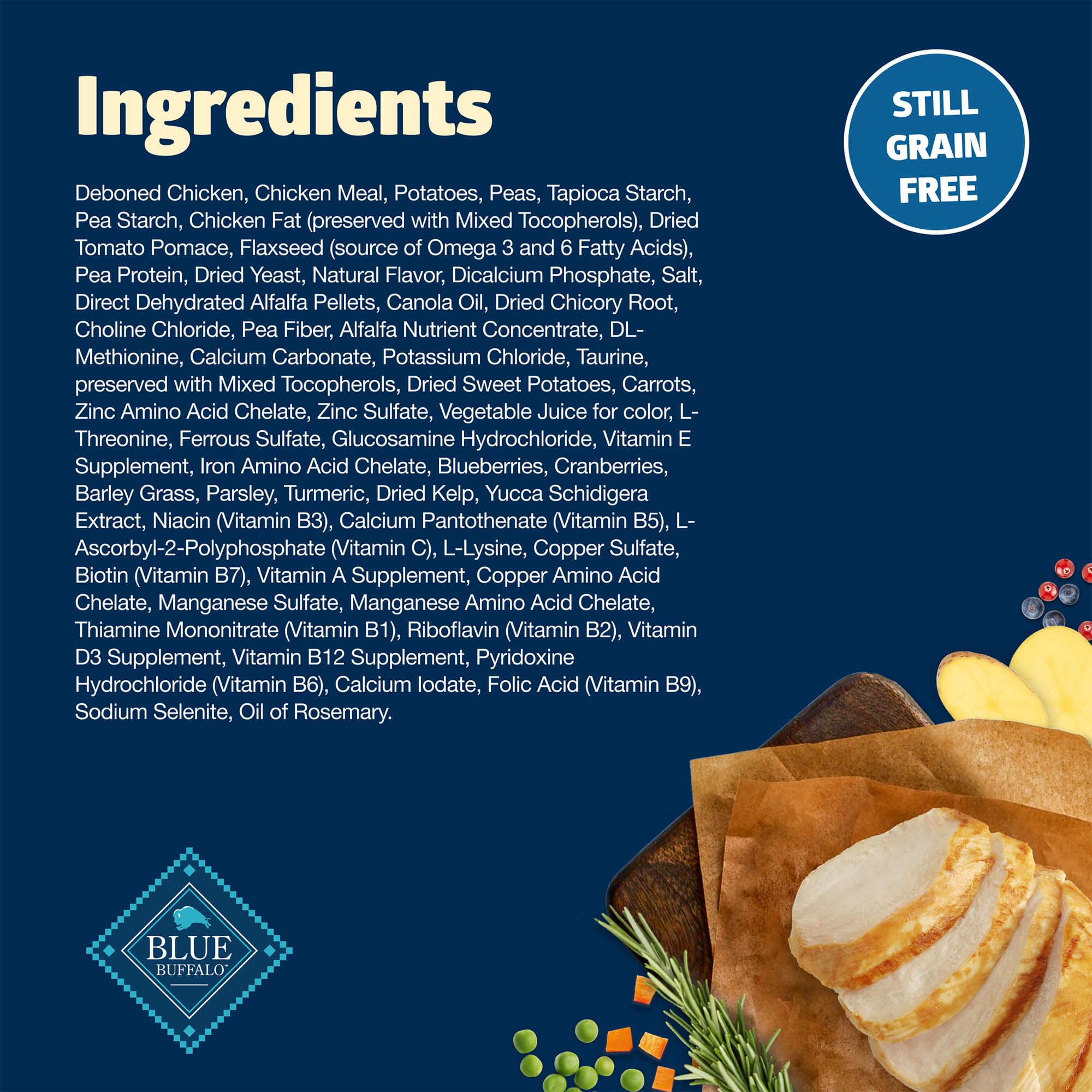Blue Buffalo ingredientes naturales sin subproductos de pollo.