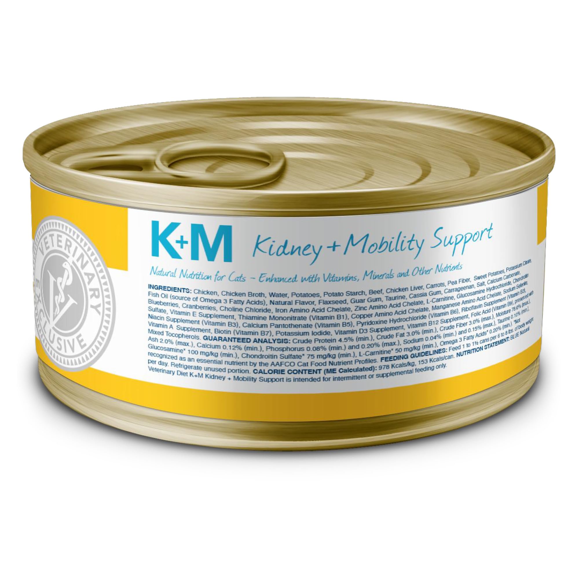 Blue Buffalo KM: etiqueta muestra dieta veterinaria para el cuidado renal y movilidad.
