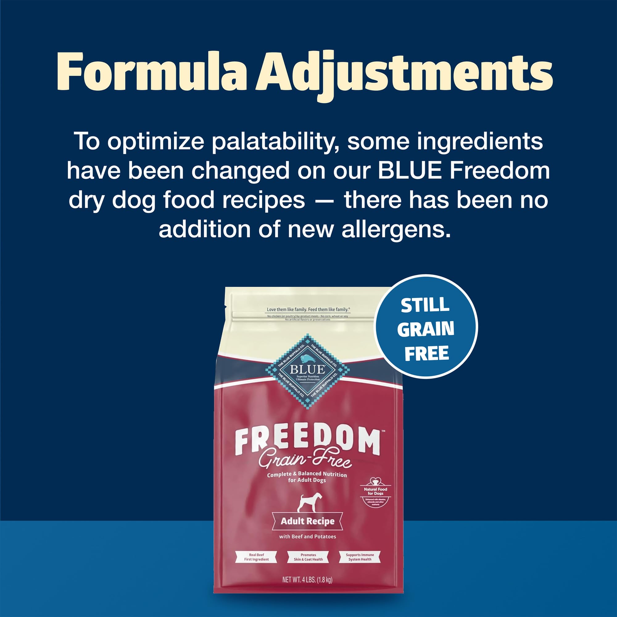 Blue Buffalo libre de granos, bolsa de 4 libras, ingredientes reales visibles.