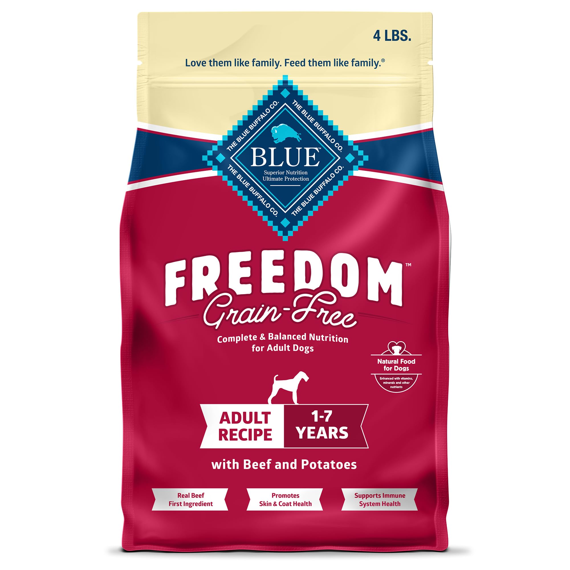 Blue Buffalo Libre de Granos: res como ingrediente principal para proteína real.