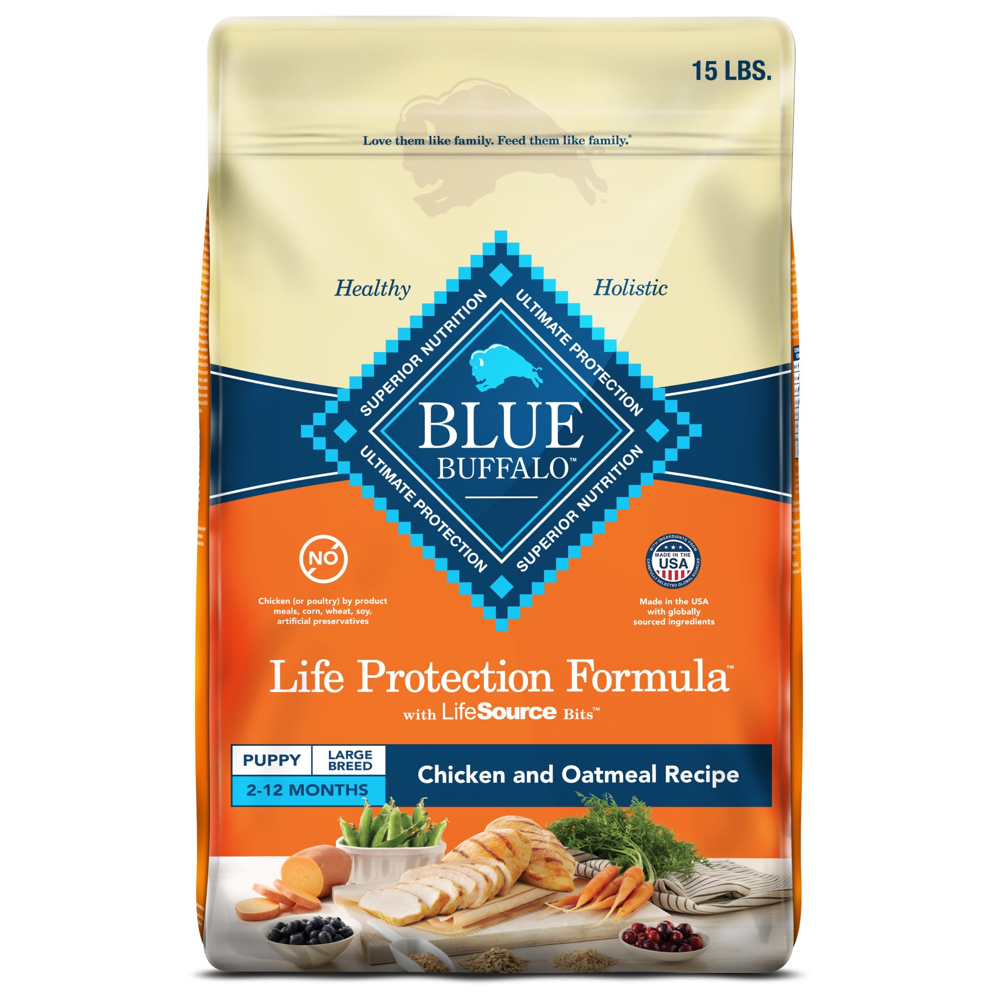 Blue Buffalo Life Protection para cachorros grandes, bolsa de 15 lb, alimentación confiable.
