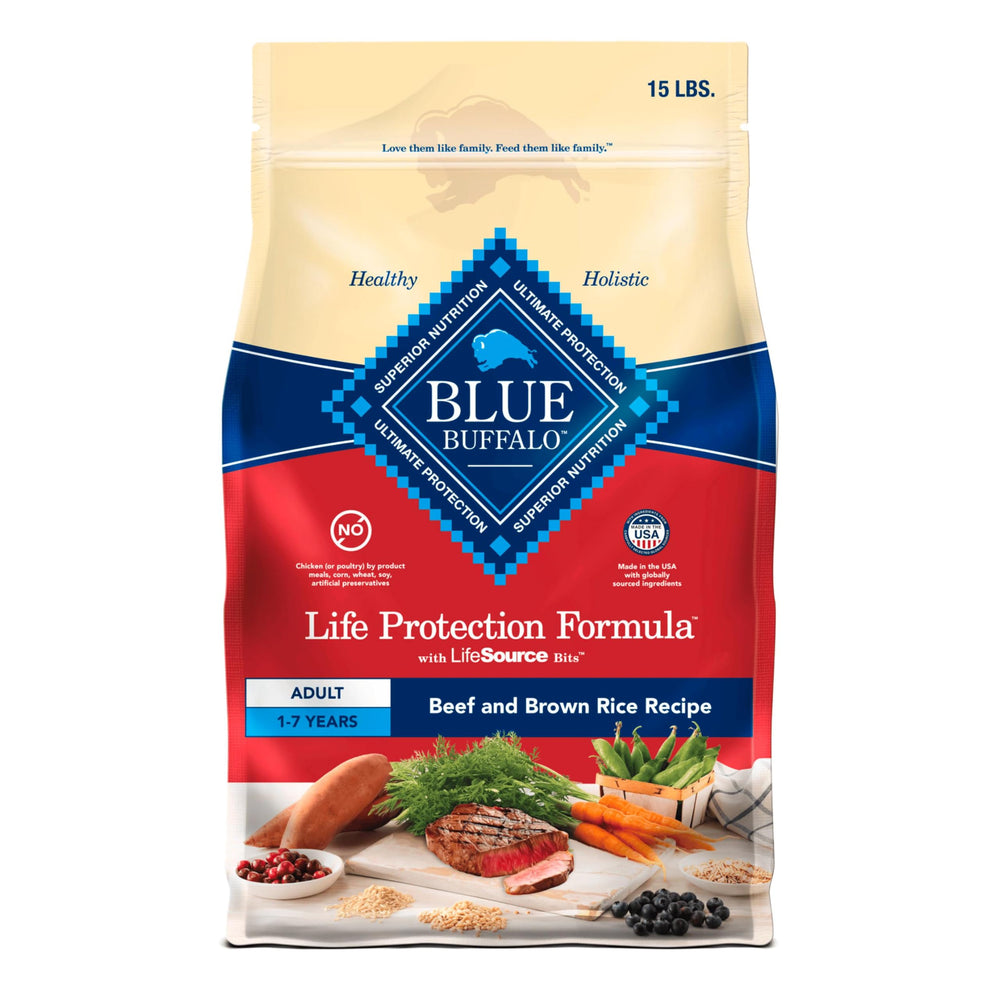 Blue Buffalo Life Protection Formula, carne de res y arroz integral para músculos fuertes.