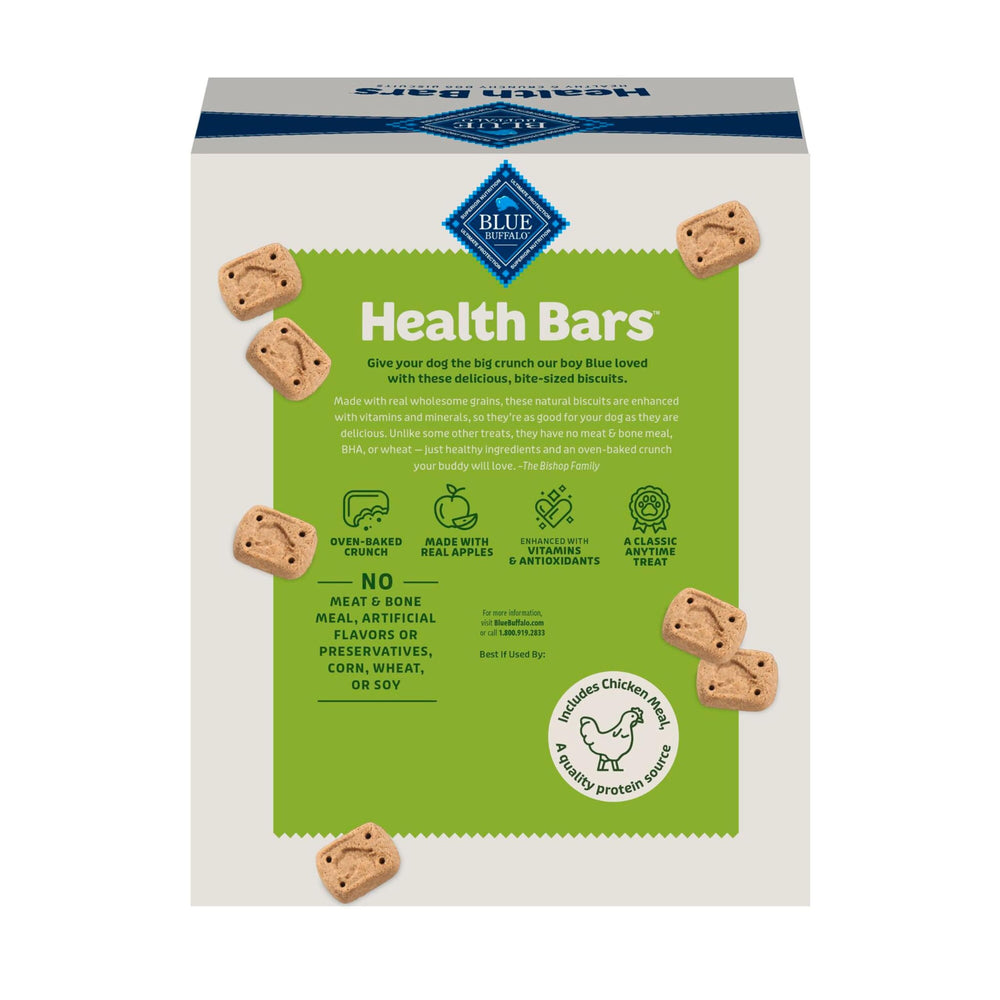 Blue Buffalo Mini Health Bars ingredients highlight apples, oats, and yogurt.