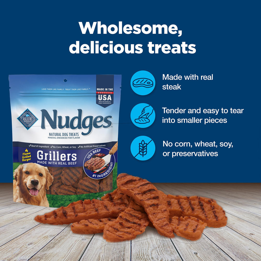 Blue Buffalo Nudges Grillers emballage amelore met en valeur les ingredients.