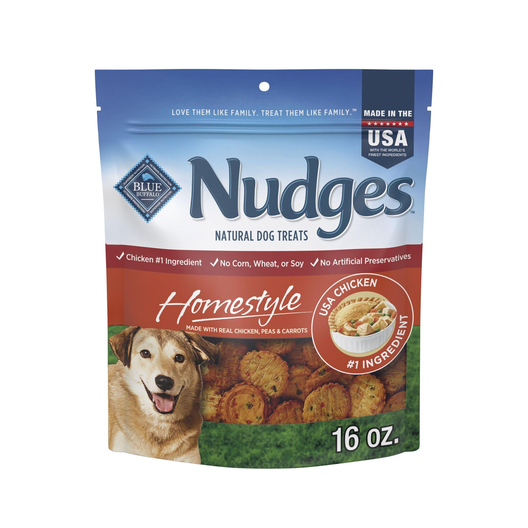 Blue Buffalo Nudges Homestyle emballage: friandise appétente pour récompenser votre chien.