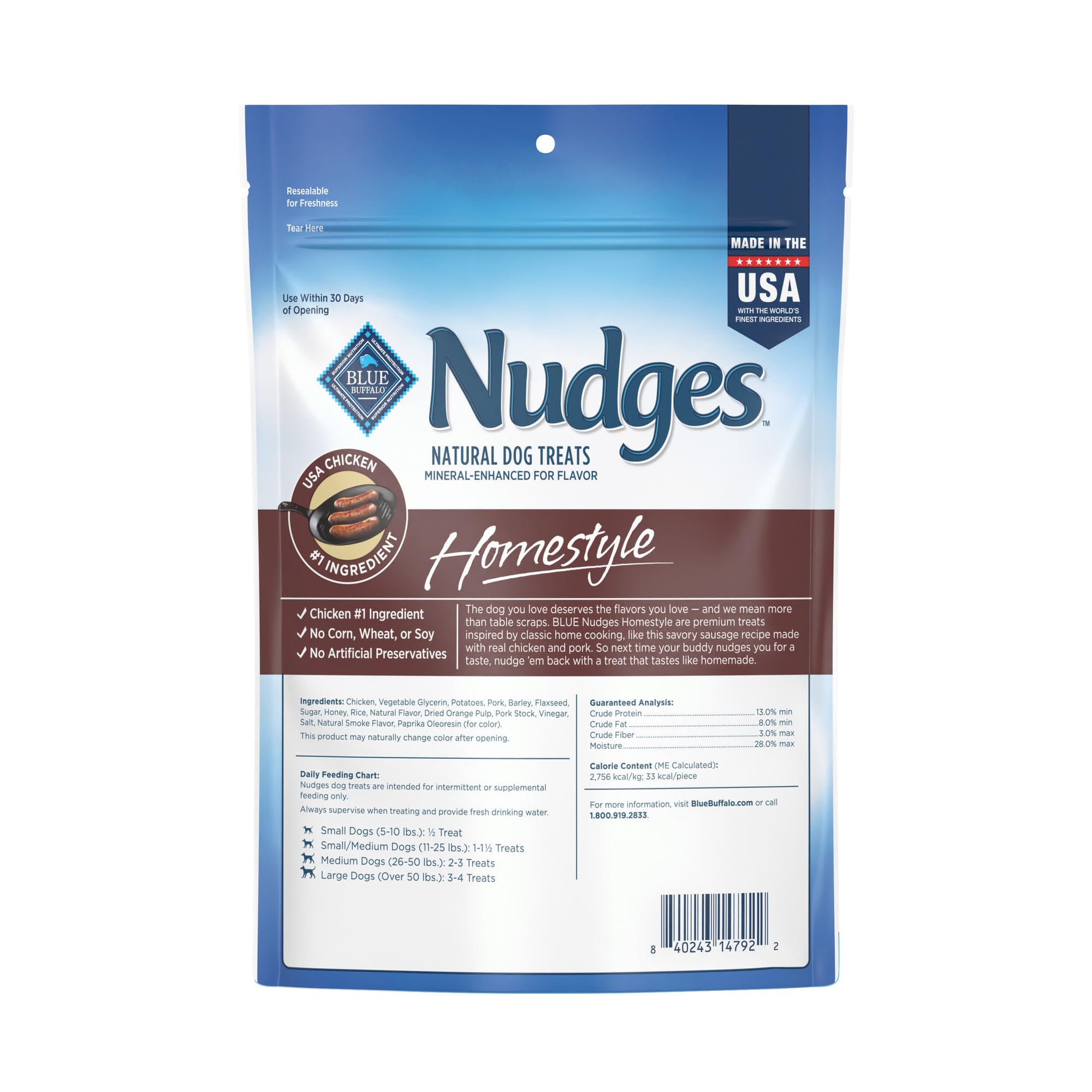 Blue Buffalo Nudges Homestyle ingrédients naturels pour récompenser sainement.